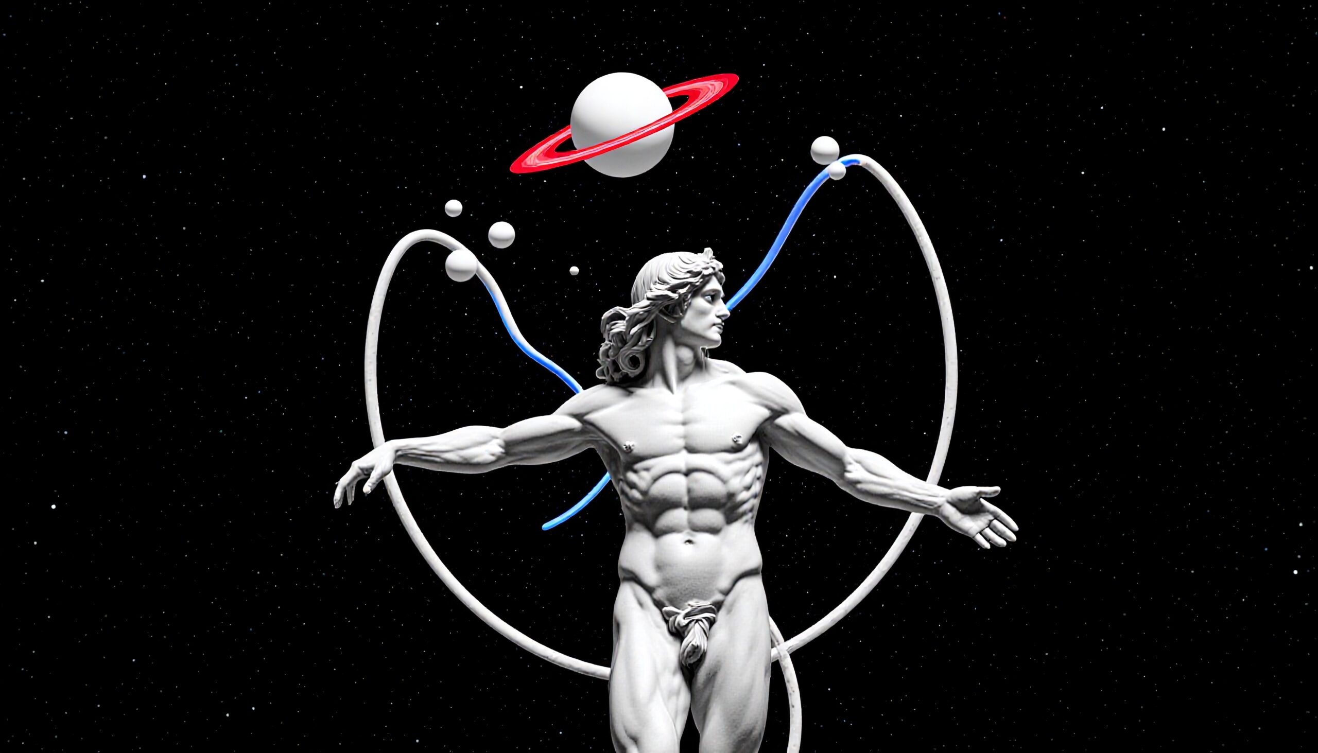 White marble statue with cosmic elements and planets orbiting amid a starry space background.