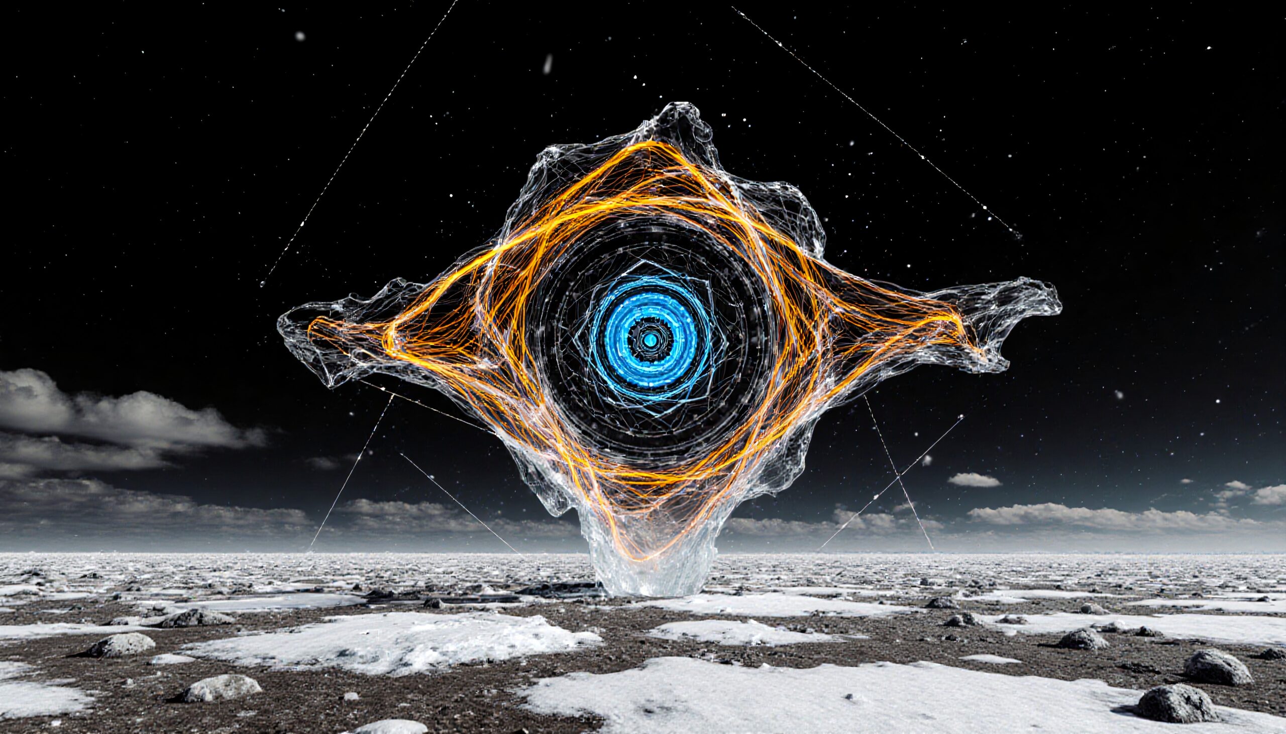Mysterious cosmic portal hovering over icy landscape.