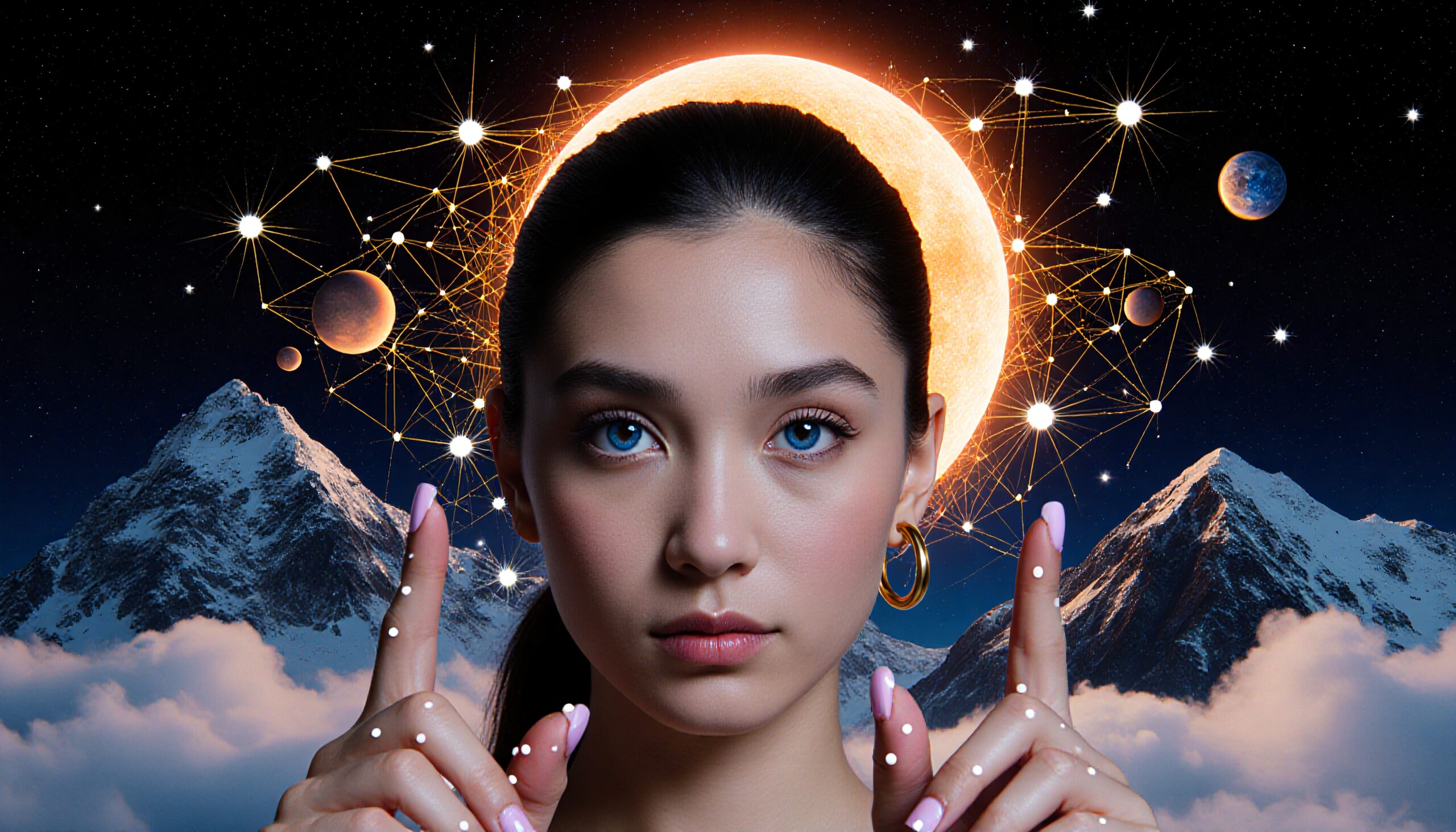 A young woman with blue eyes stands in front of a cosmic background, featuring stars, planets, and snow-capped mountains.