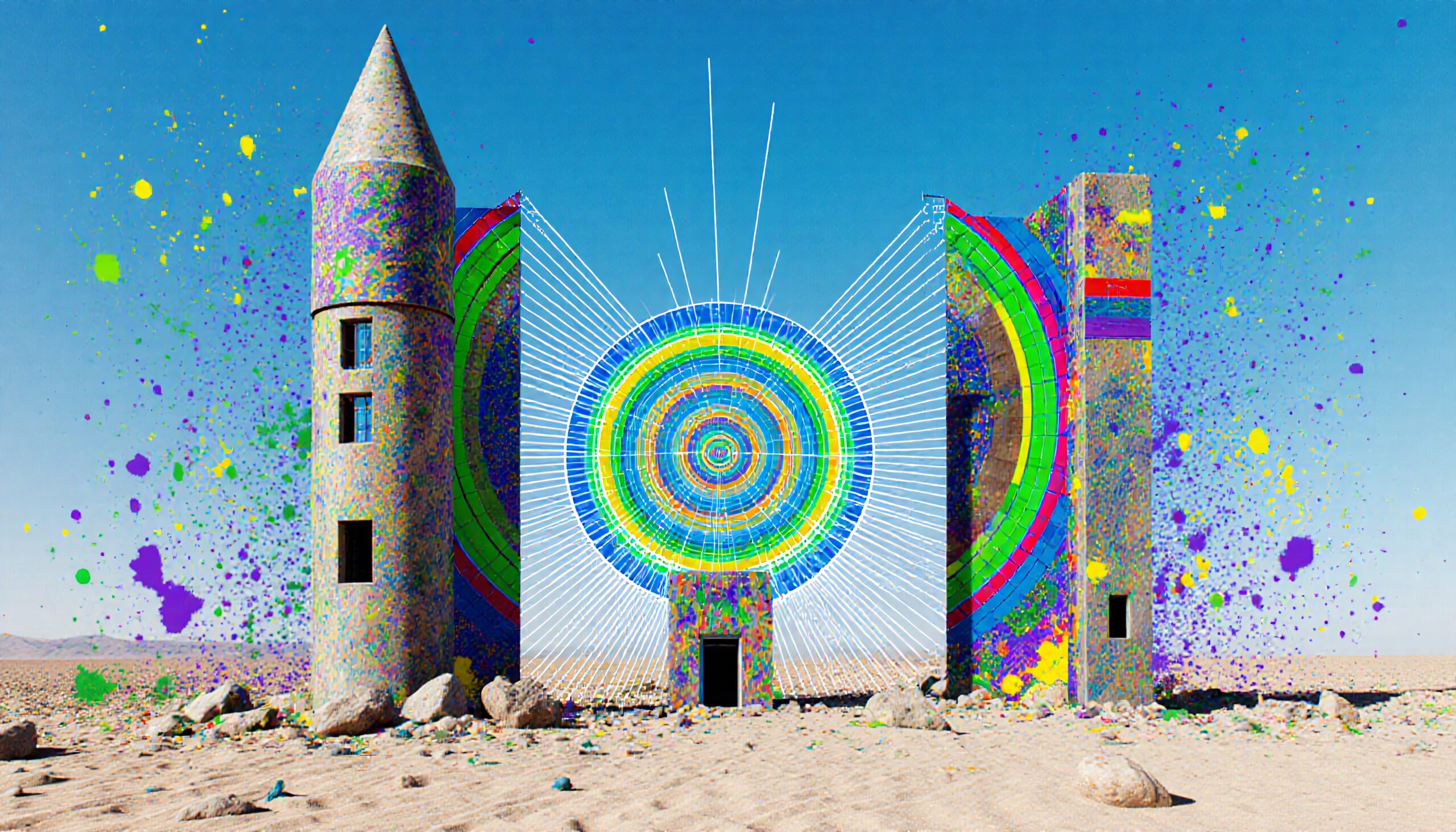 Vibrant structure with colorful design in desert.