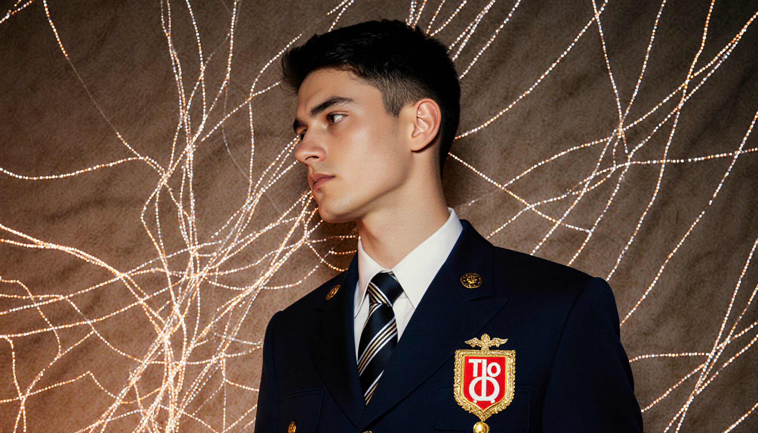 Portrait of a man in uniform with illuminated background.
