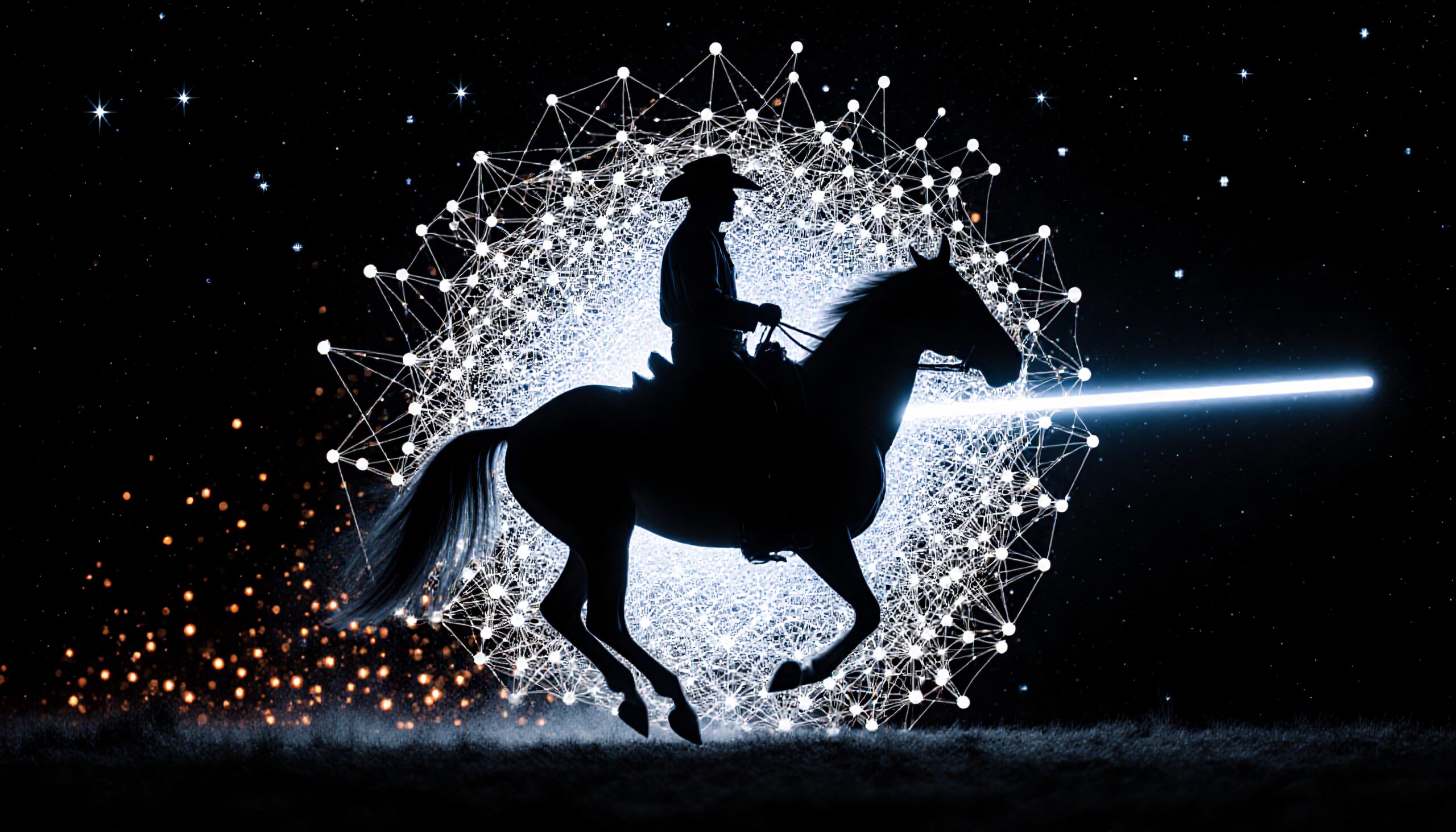 Silhouetted cowboy on horse with digital web and stars.