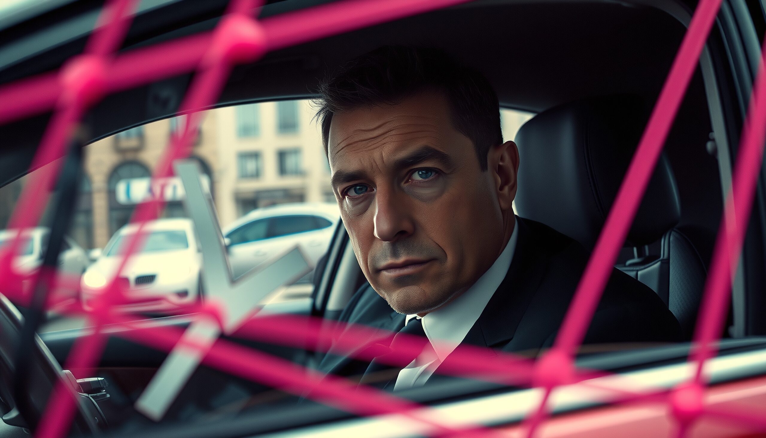 A man in a car with pink tape on the window, intense gaze.