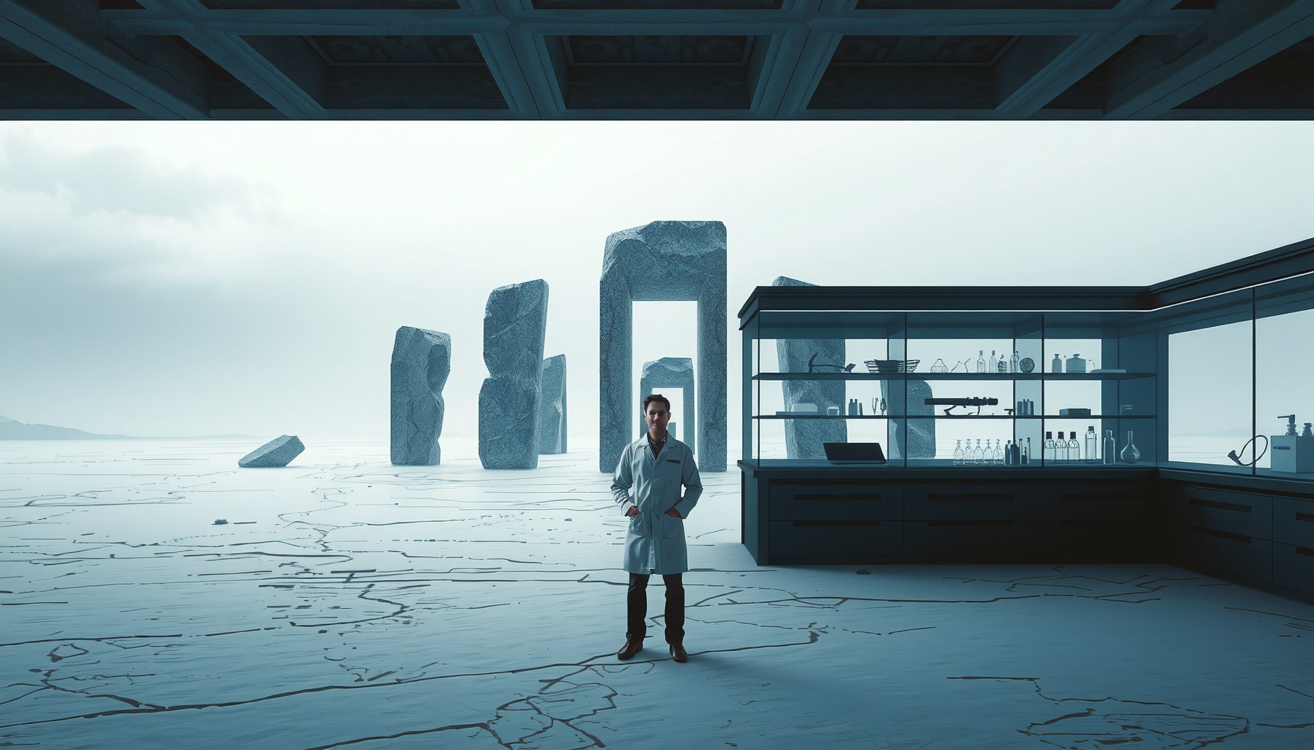 Scientist amidst ancient stone structures, modern laboratory setting.