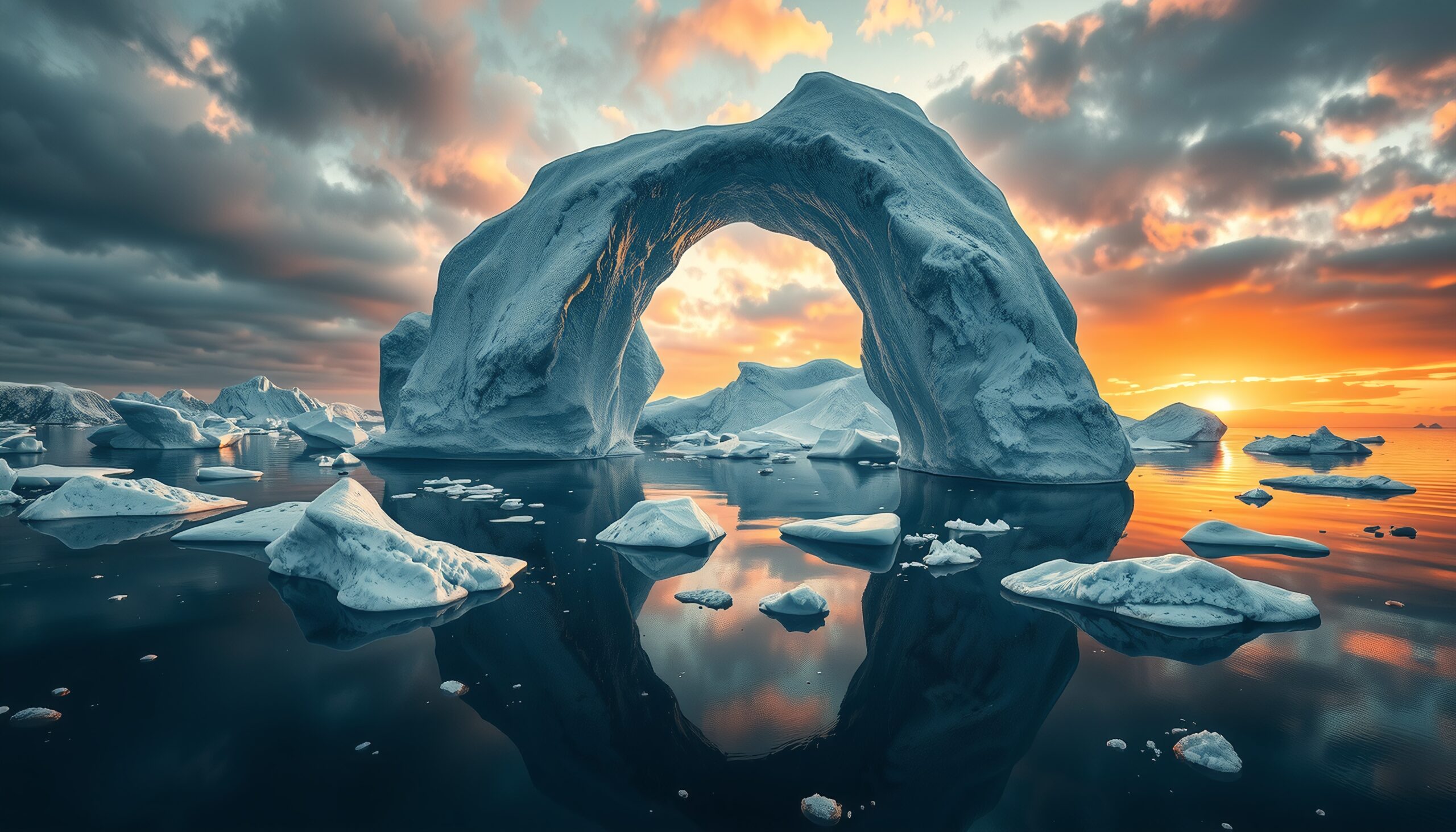 Captivating sunset over icy arch reflecting on Arctic waters.
