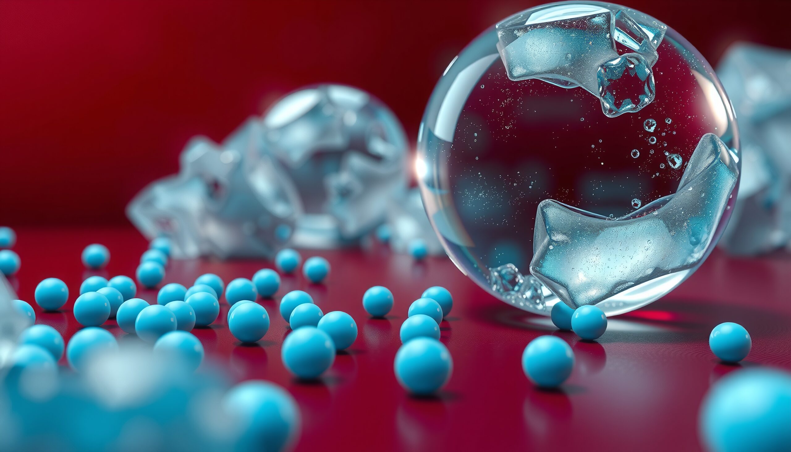 A collection of transparent spheres and scattered blue spheres on a glossy red surface, creating an abstract and captivating scene.