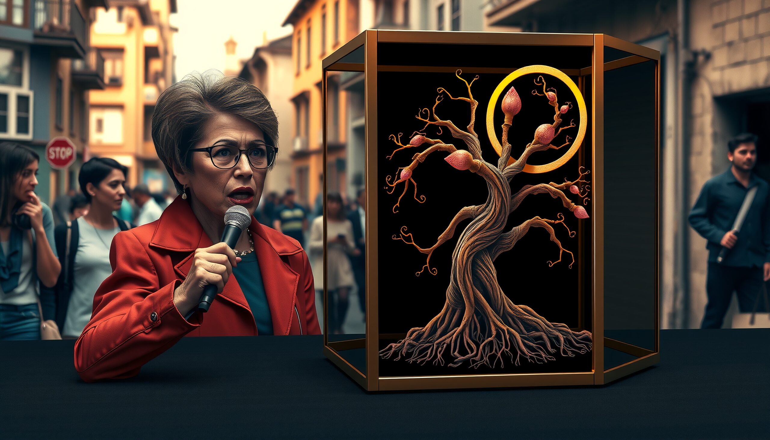 A woman in a vibrant red coat holds a microphone in a city street, standing beside a detailed tree sculpture encased in glass.
