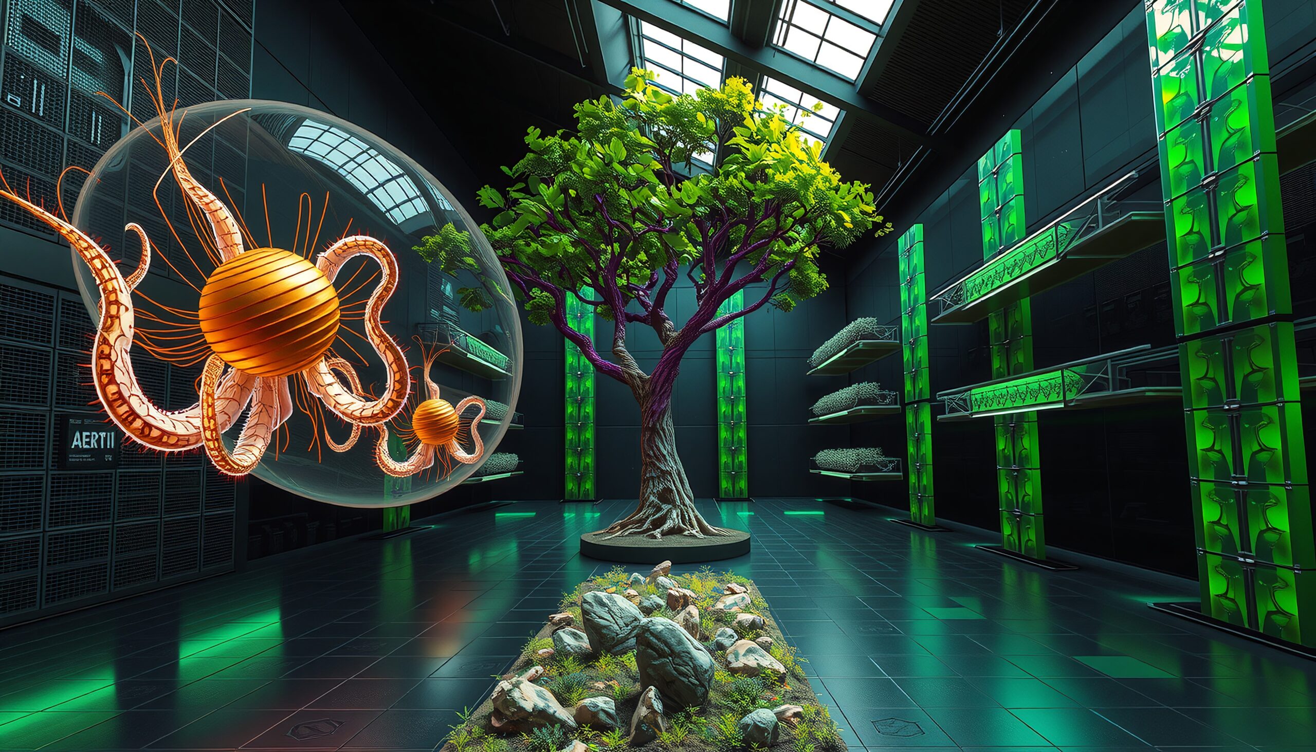 Futuristic room with a tree and high-tech environment blending nature and technology.