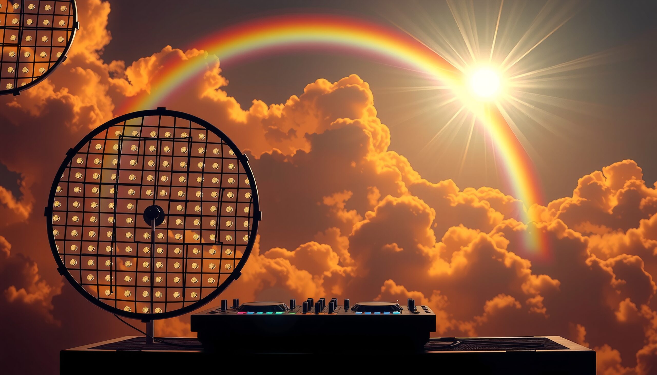 DJ equipment with rainbow and clouds in a vibrant sky scene.