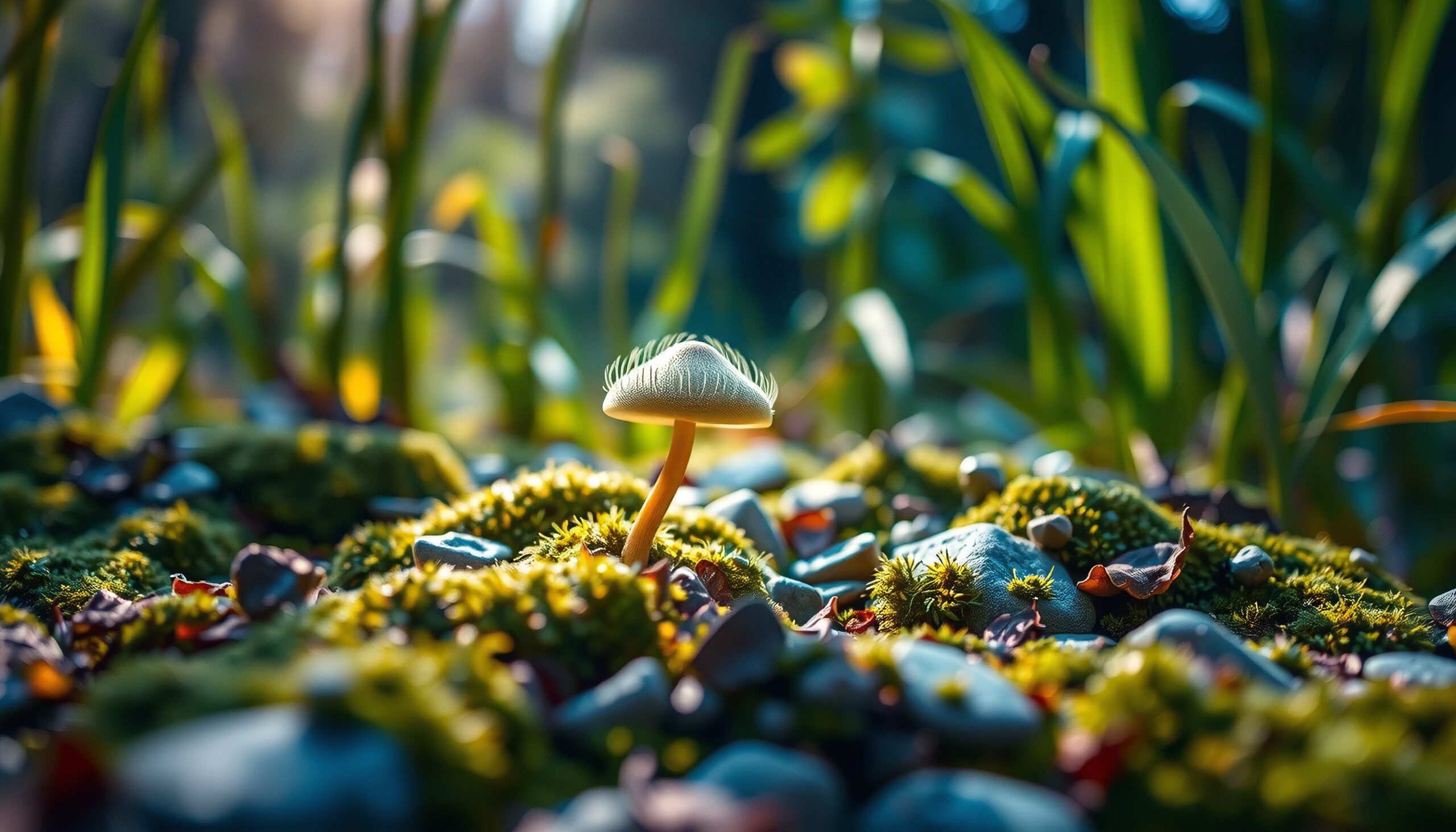 A small mushroom growing amidst moss in a sunlit forest clearing.