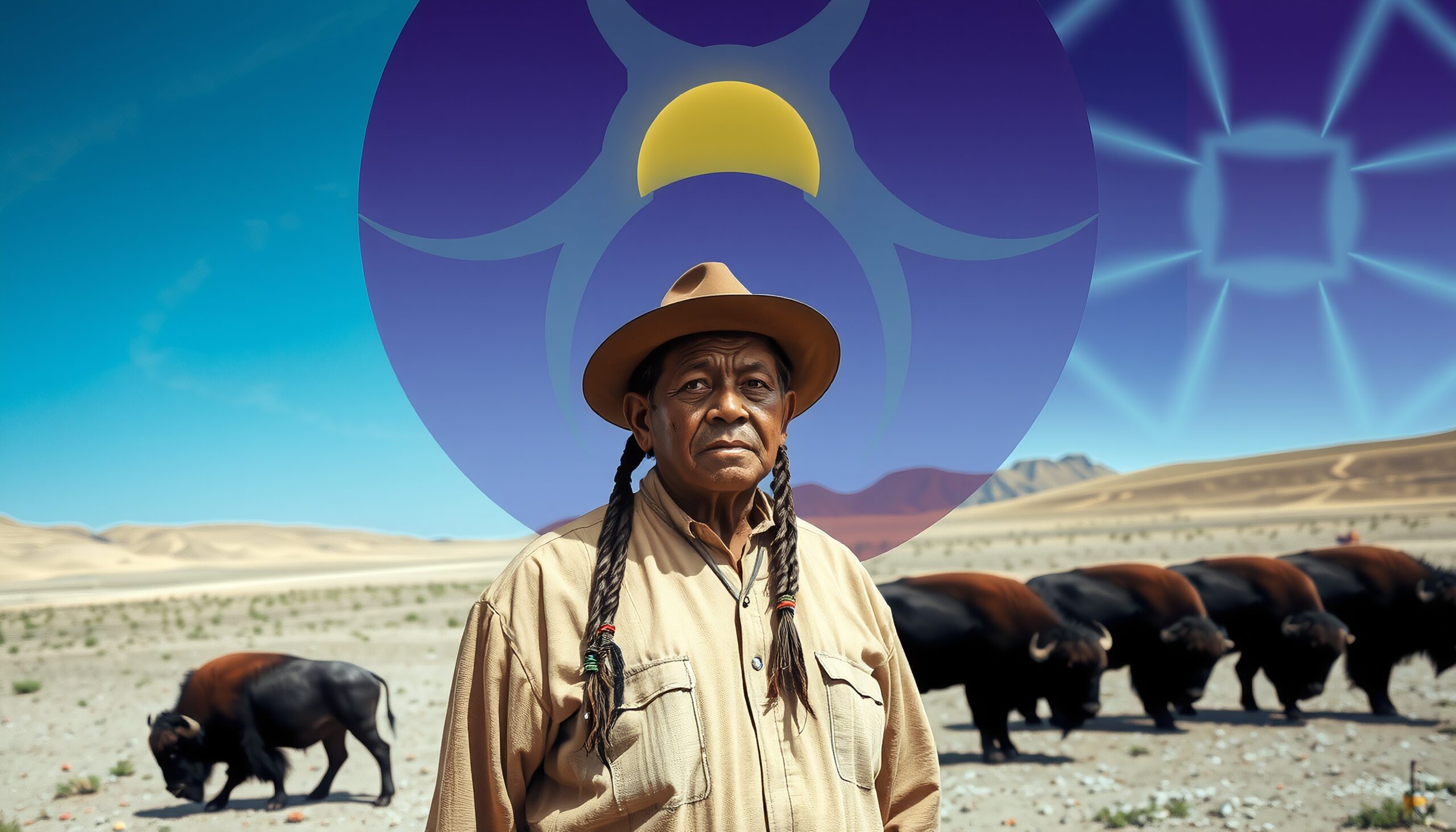 A man with a hat stands in a desert landscape with buffalo, featuring an abstract geometric design in the sky.