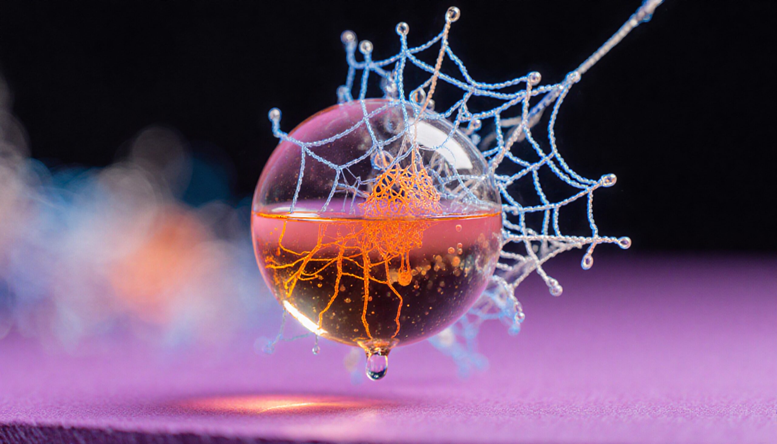 A glass sphere with orange liquid, enveloped by a delicate blue and white web, against a dark background.