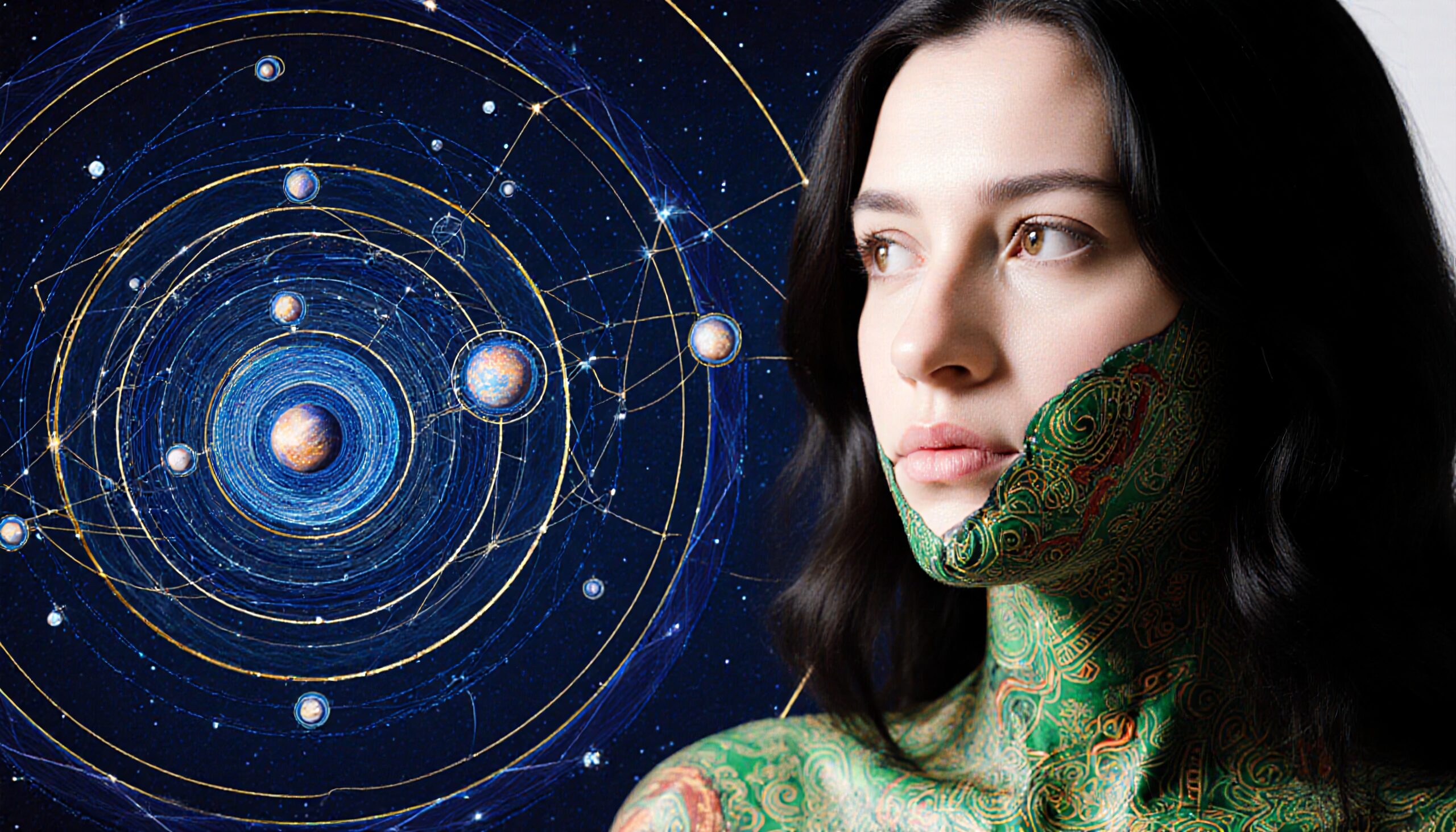 A woman with cosmic-themed body art poses next to a starry background with planets and celestial designs.