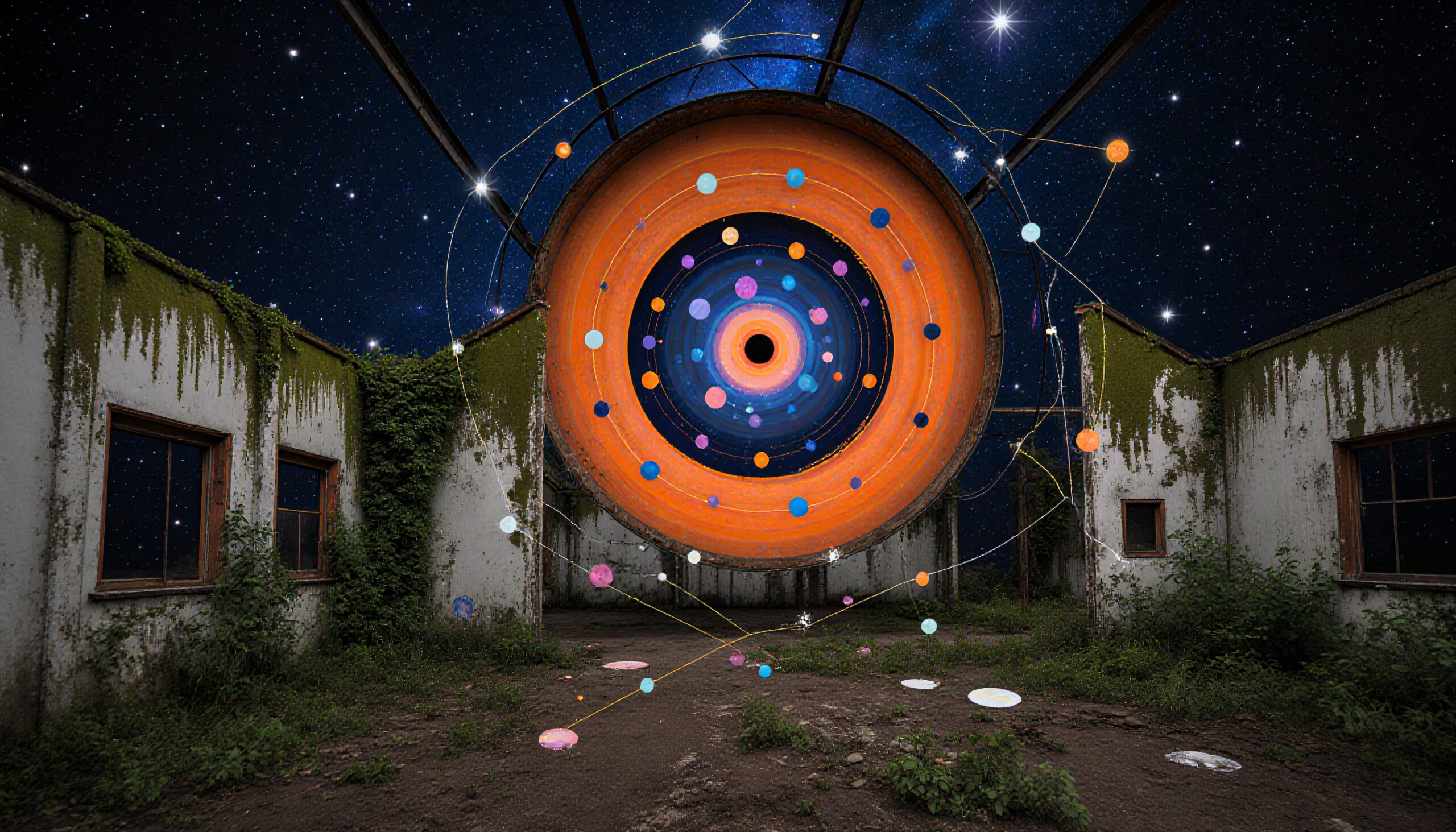 Vibrant cosmic installation inside abandoned building with starry night sky backdrop.