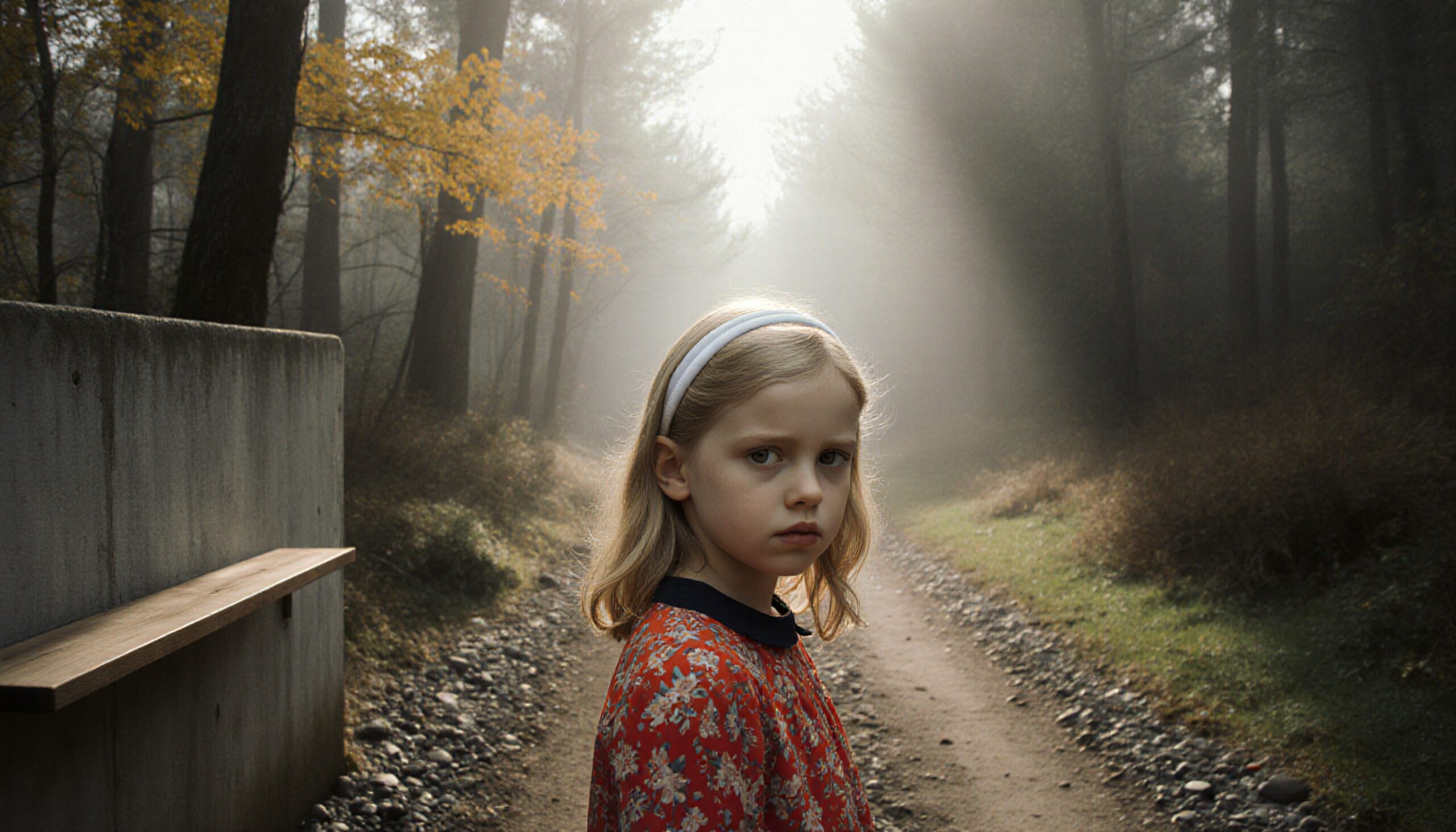 A young girl in a red dress stands on a misty forest path surrounded by autumn foliage.