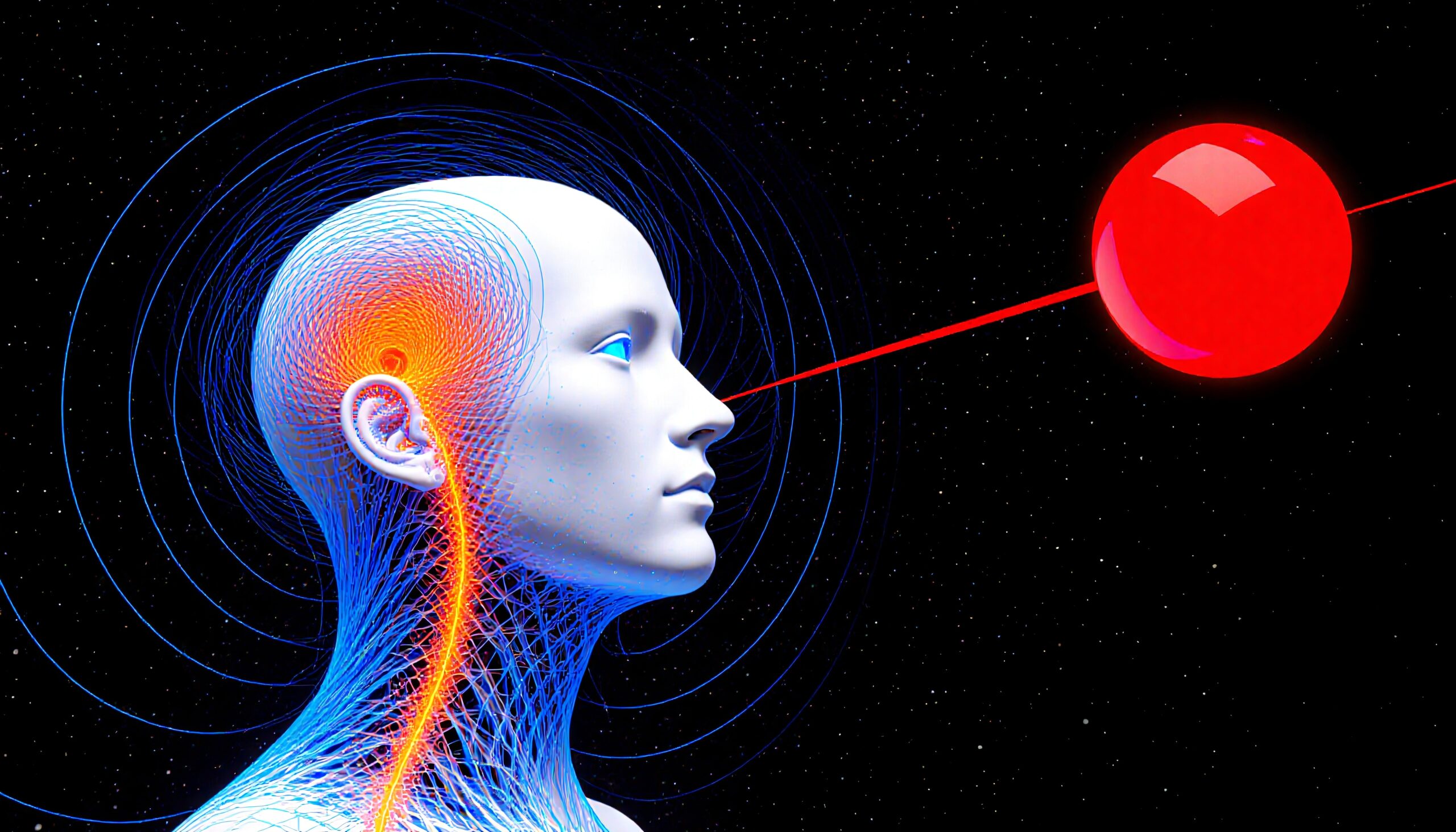 A futuristic profile with neural connections and laser-aimed orb against a starry backdrop.