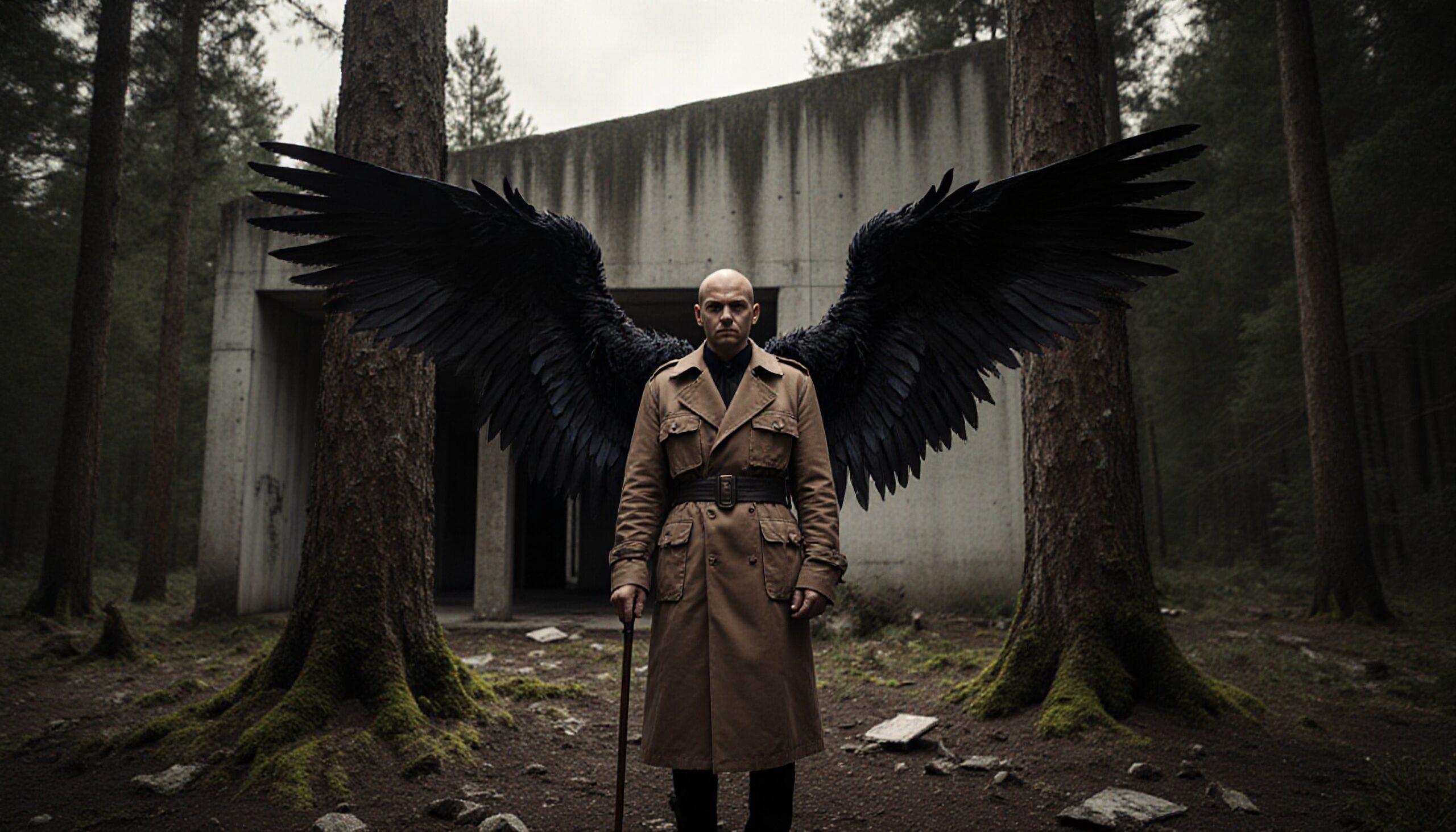 A man with dark angel wings stands in a forest with a mysterious concrete structure.
