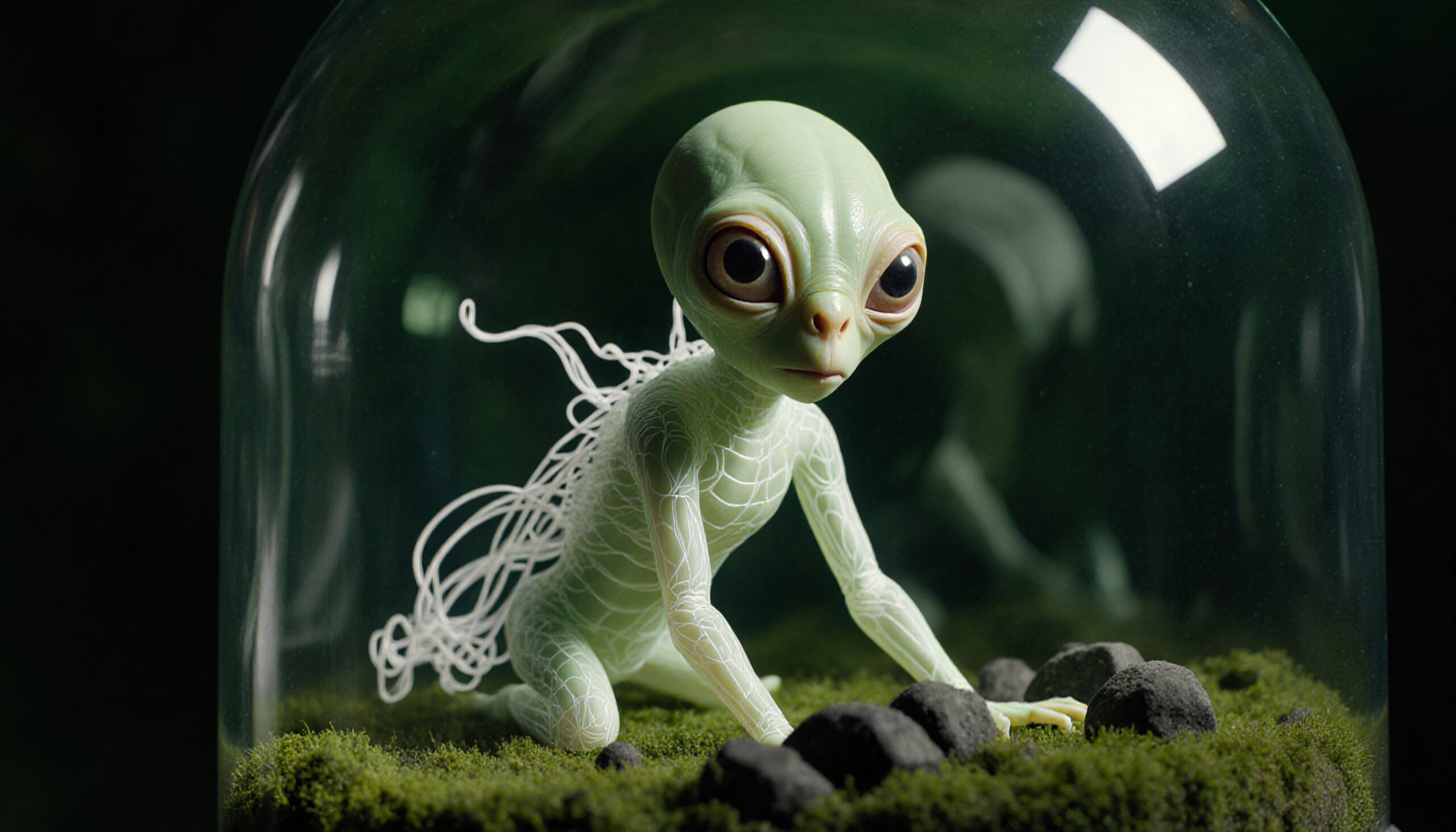 Alien-like creature enclosed in glass, atop mossy terrain.