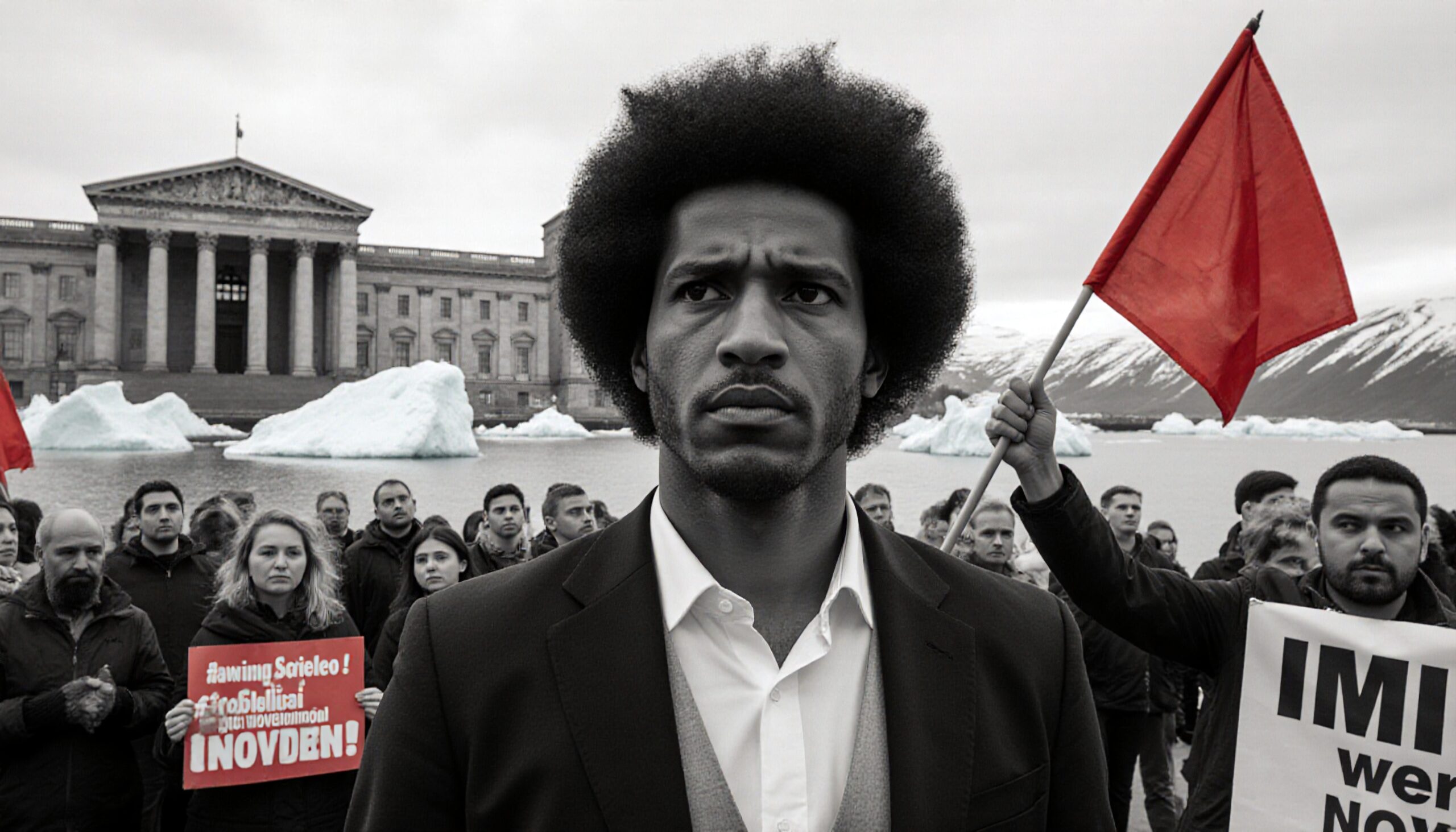 A diverse group of protesters standing in front of a neoclassical building with icy waters in the background.