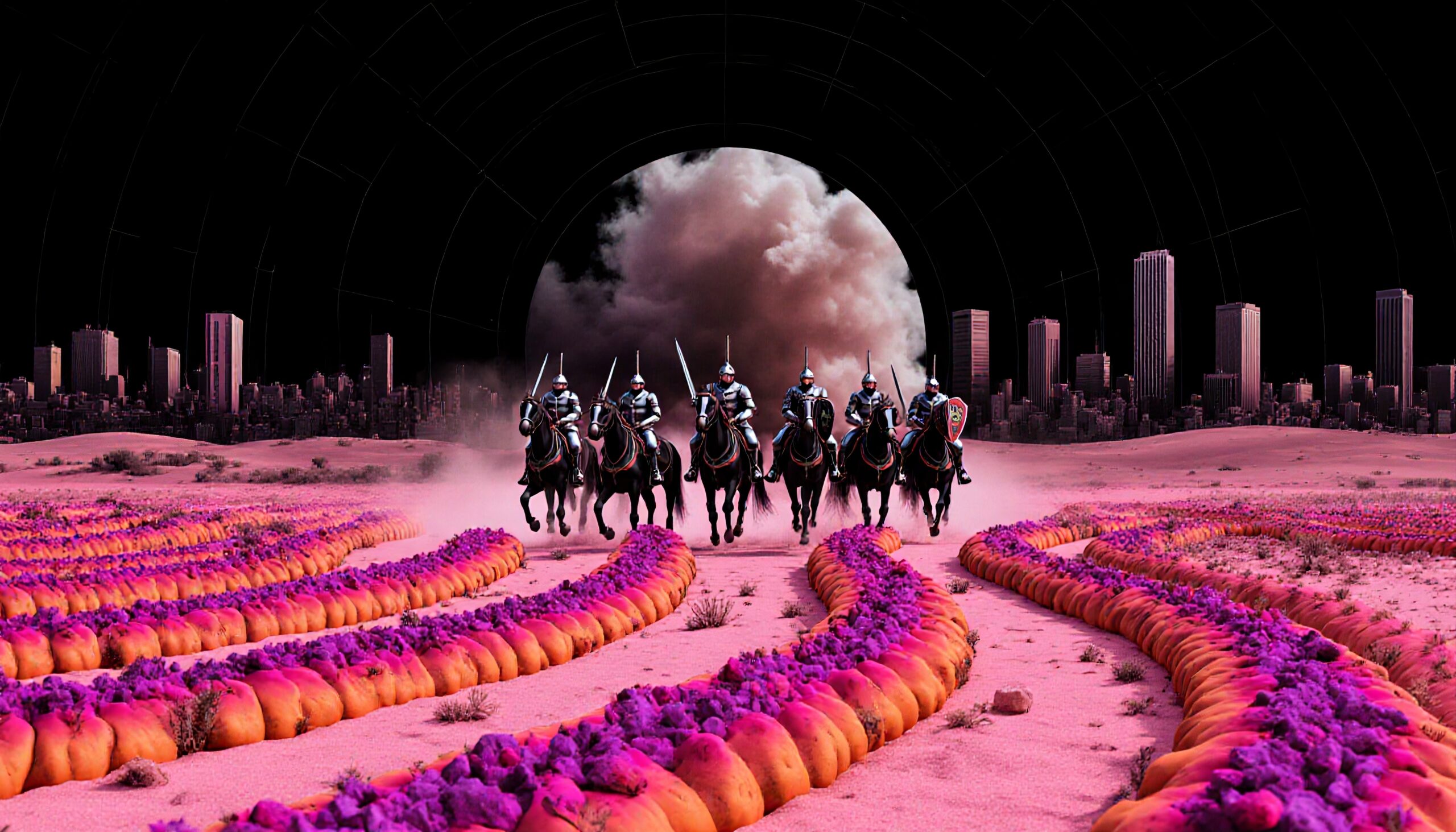 Futuristic knights on horseback charge through an alien landscape contrasted by towering city skyscrapers and swirling dust.