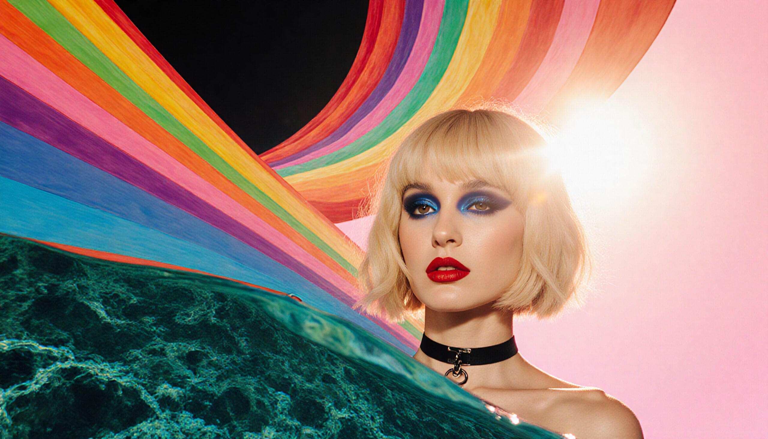 A fashionable woman with bold makeup stands against a vibrant rainbow background, showcasing dynamic artistic elements.