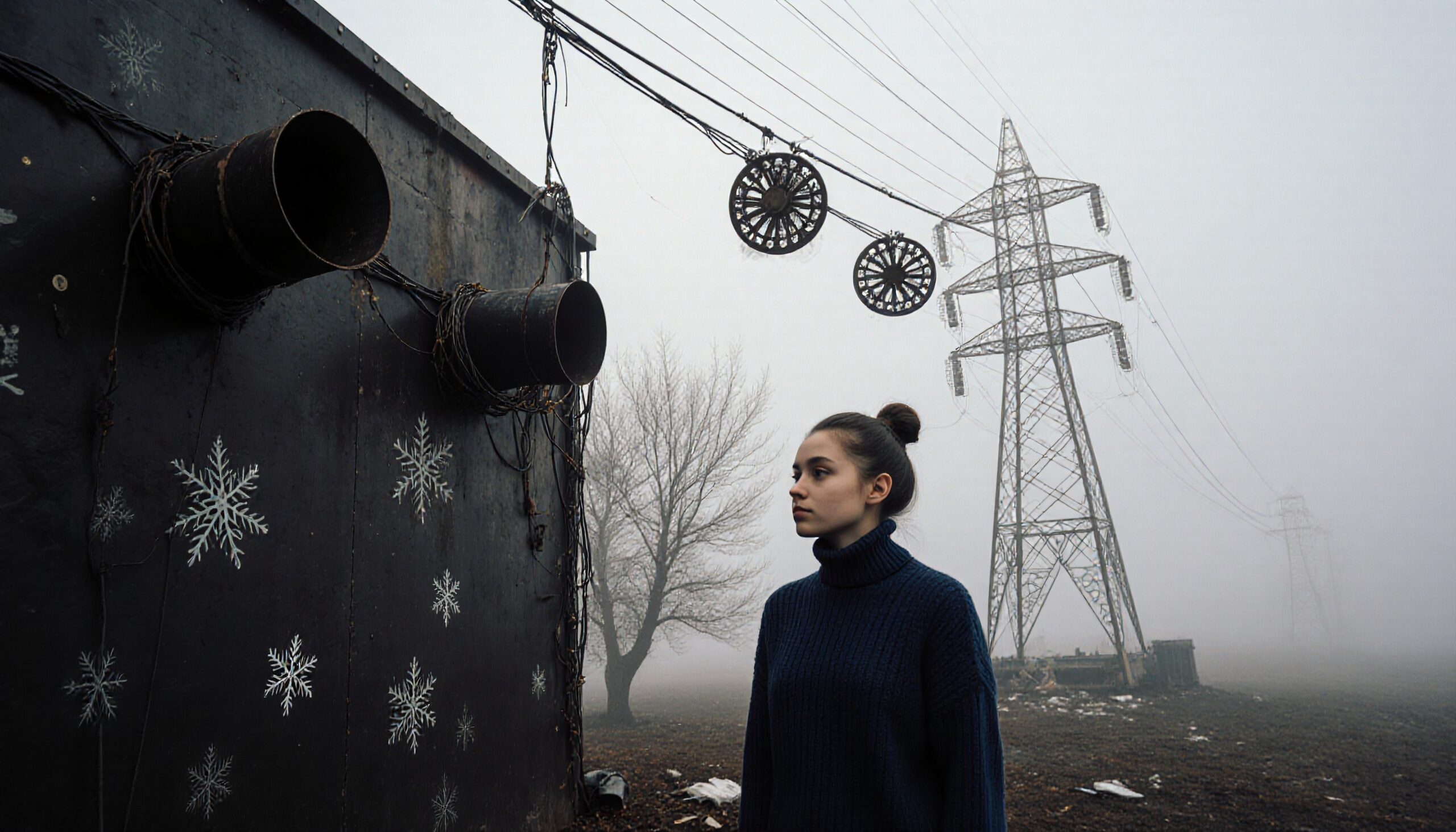 Young woman standing by industrial wall in fog.