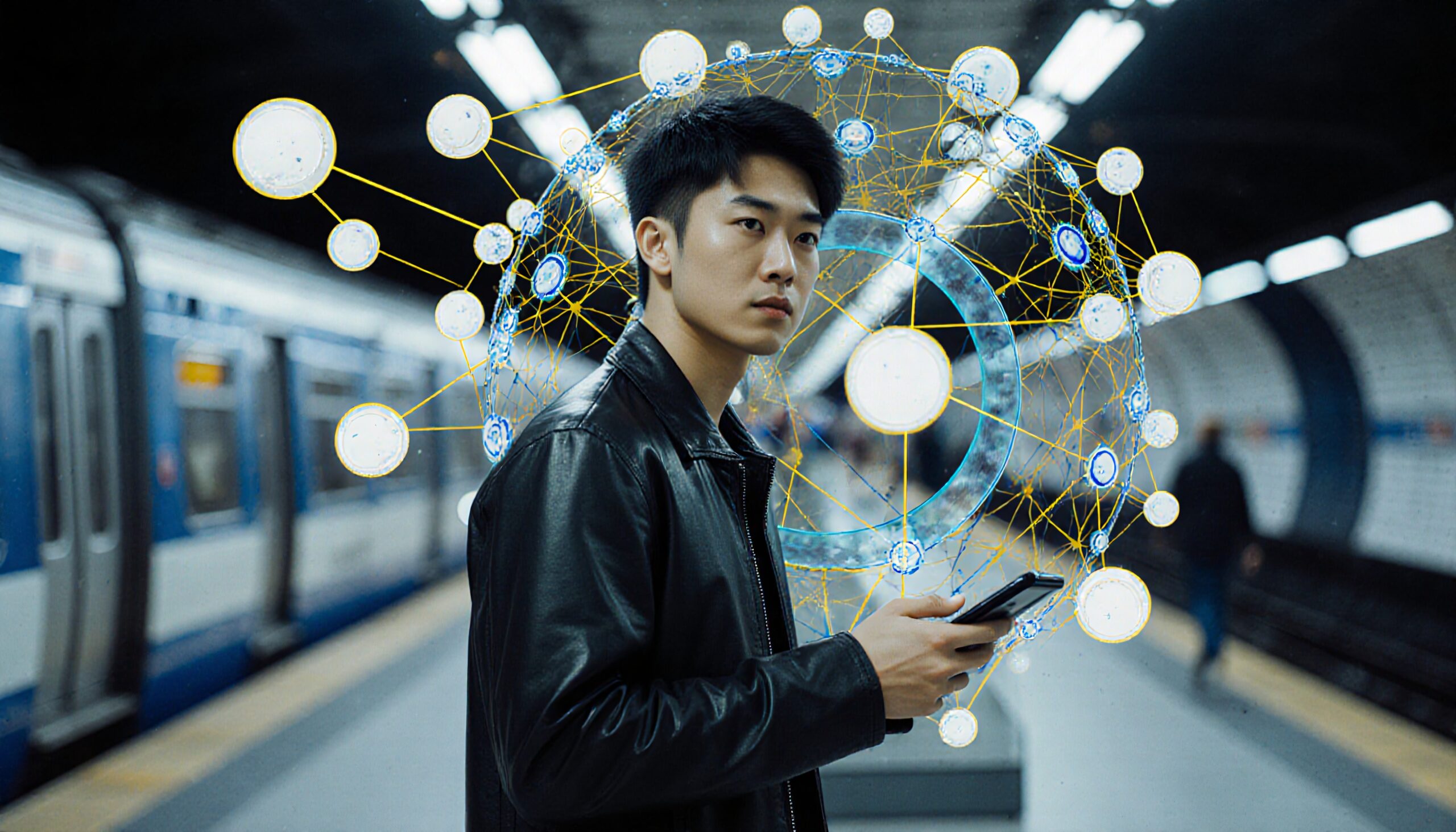 Futuristic scene of a young man in a subway, surrounded by a holographic digital network.