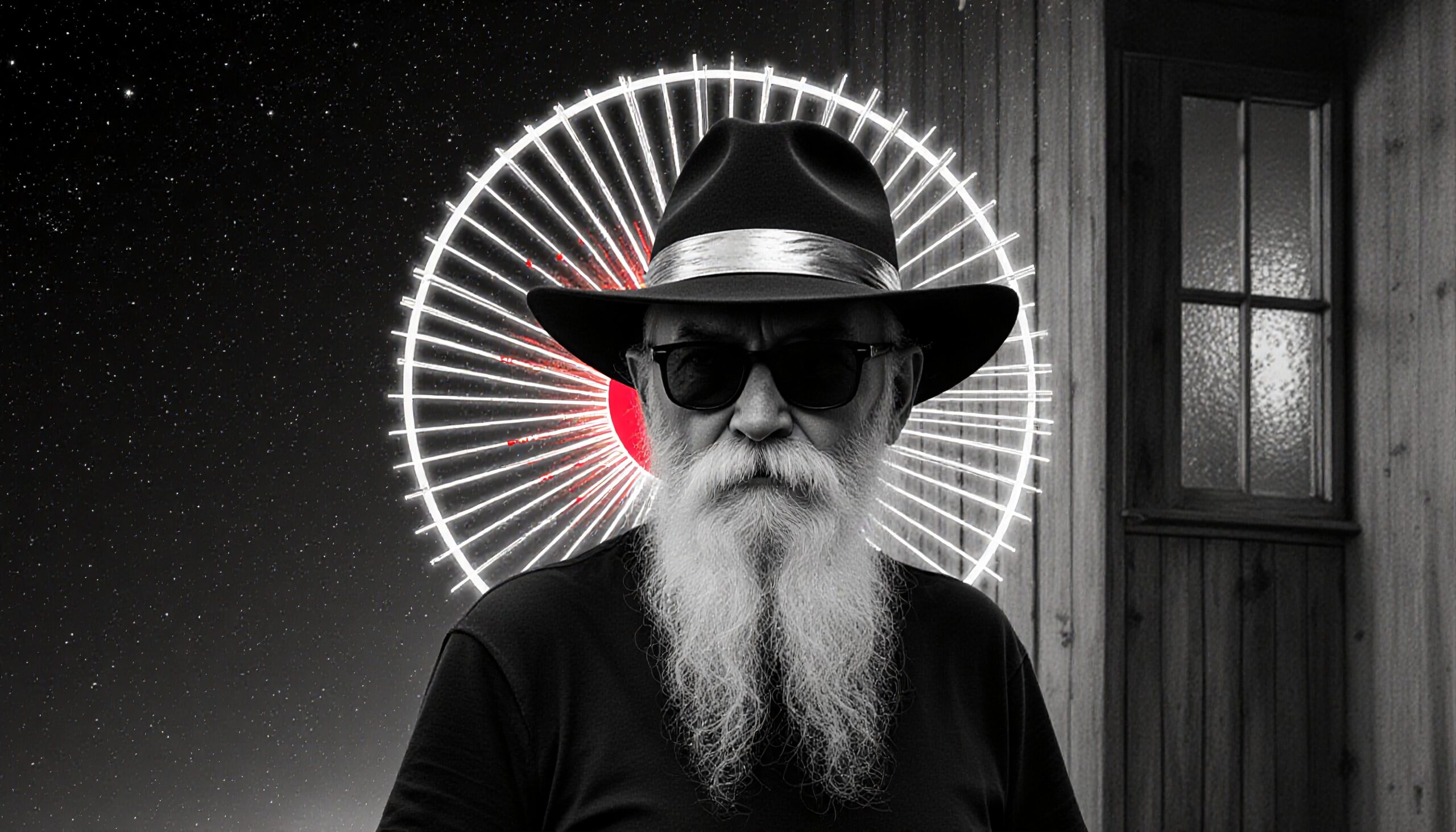 A bearded man with a hat and sunglasses stands in front of an illuminated Ferris wheel against a starry sky.