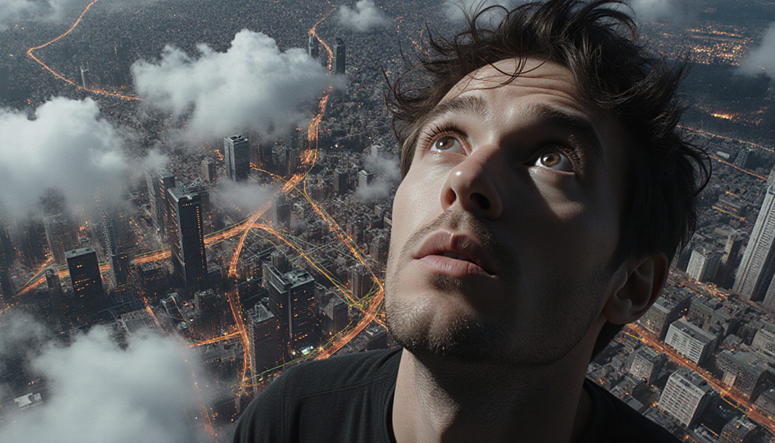 A young man gazes up in wonder against a glowing cityscape backdrop with clouds below.