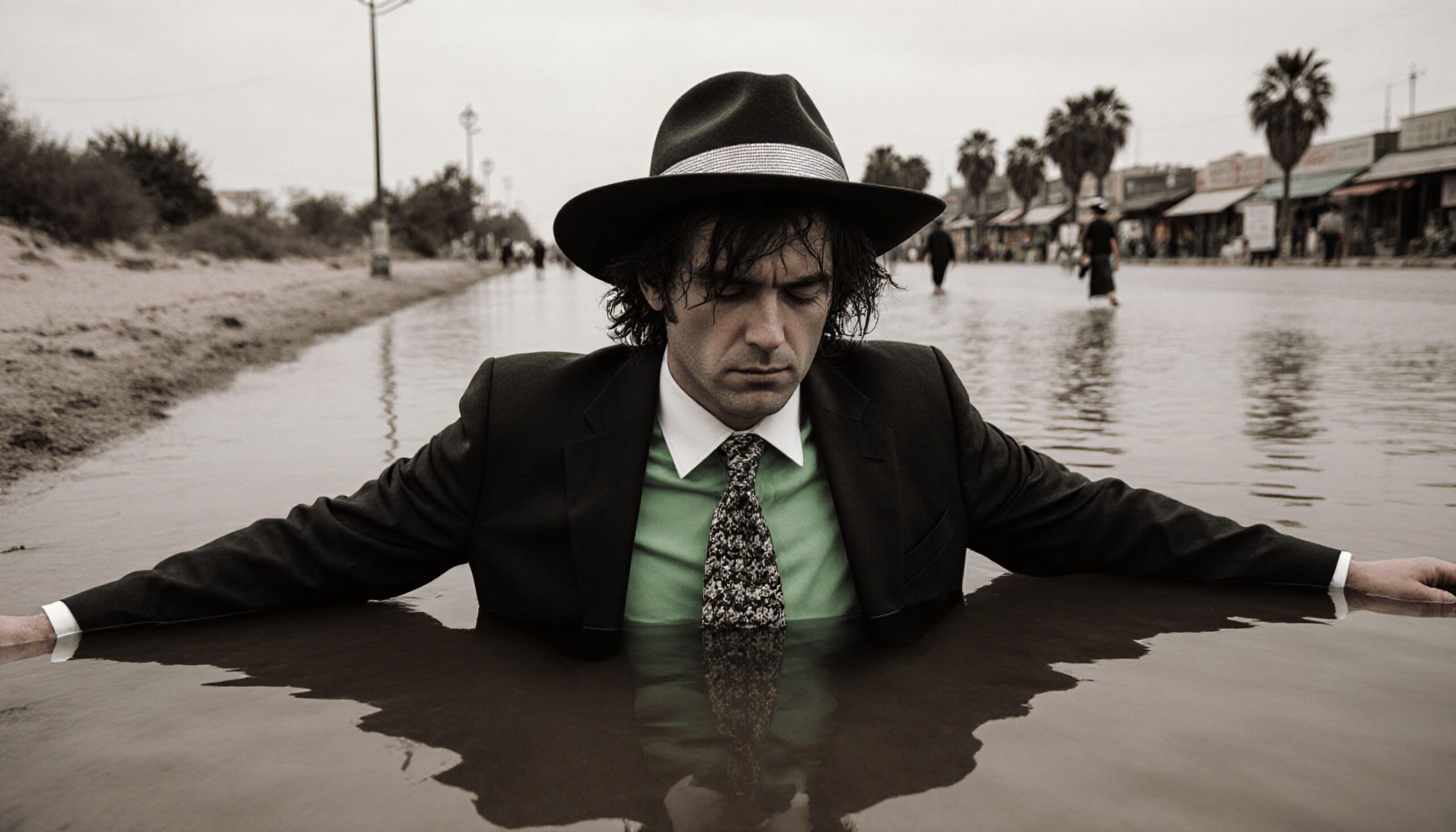 A man in a suit sits thoughtfully in water with a street scene behind.
