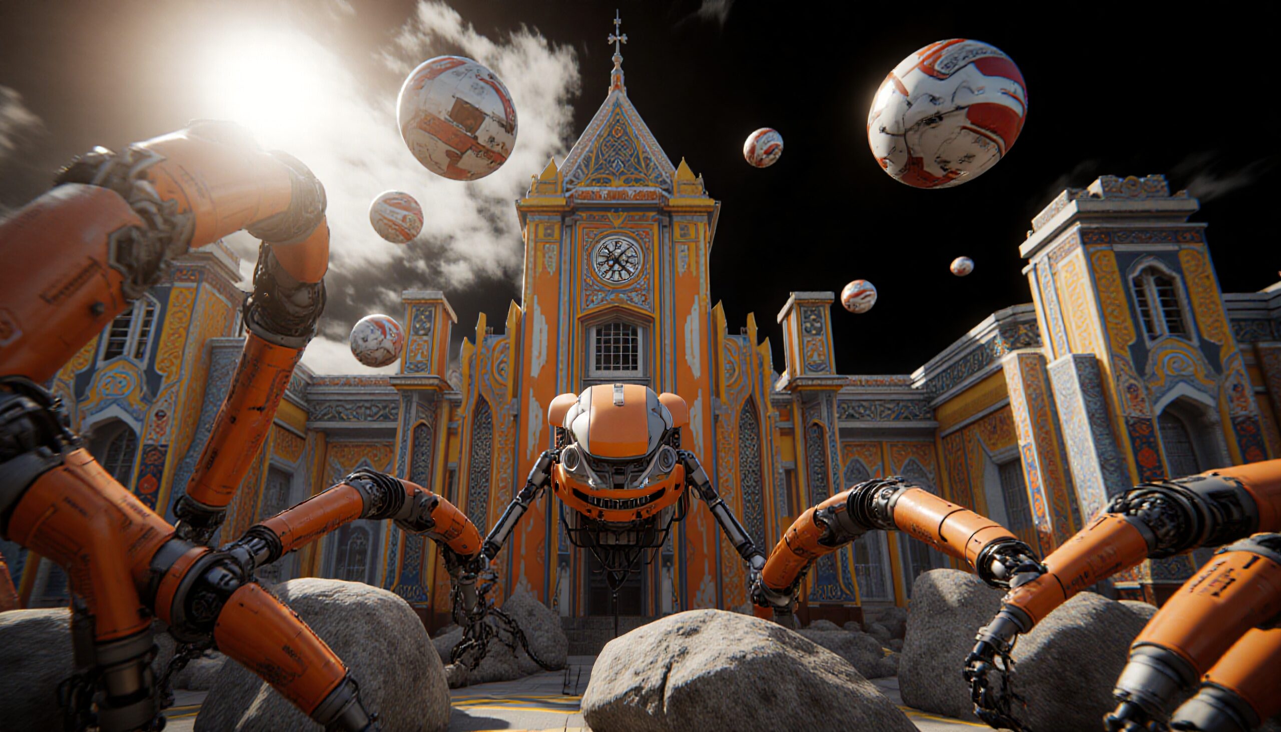 A futuristic robot in front of an ornate, colorful building with hovering spheres.