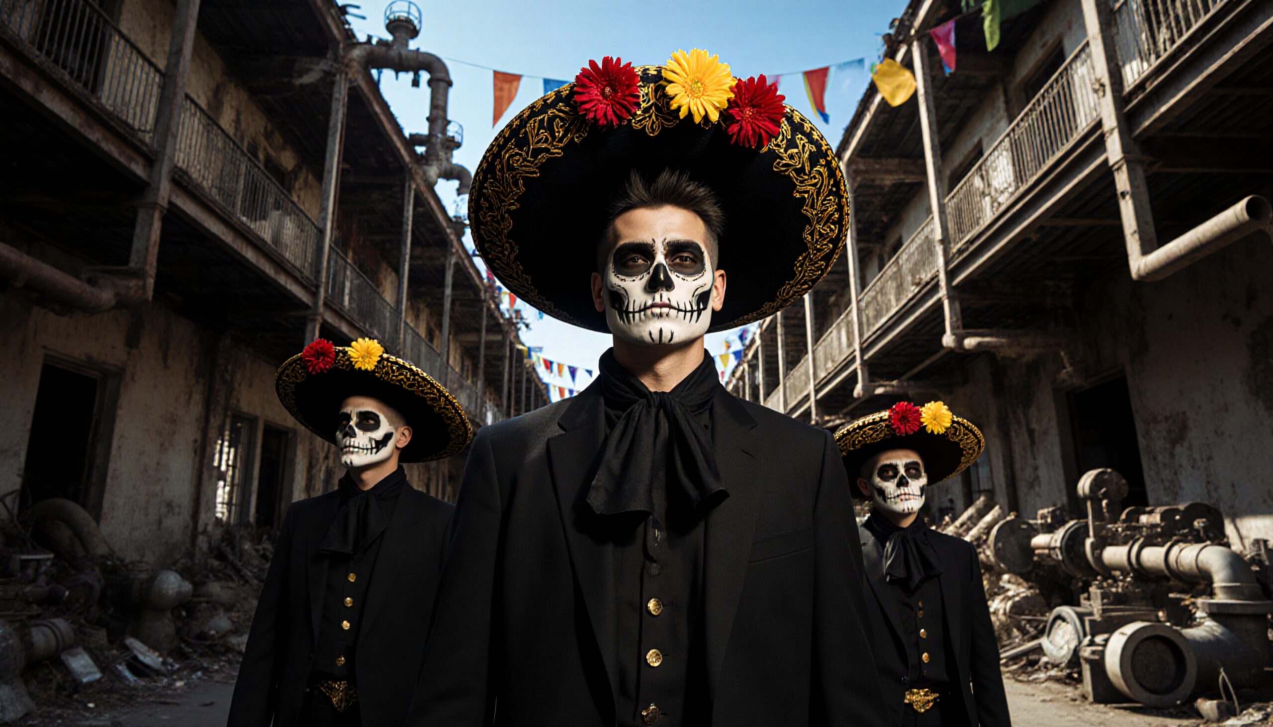 Intricately painted skull faces with sombreros.