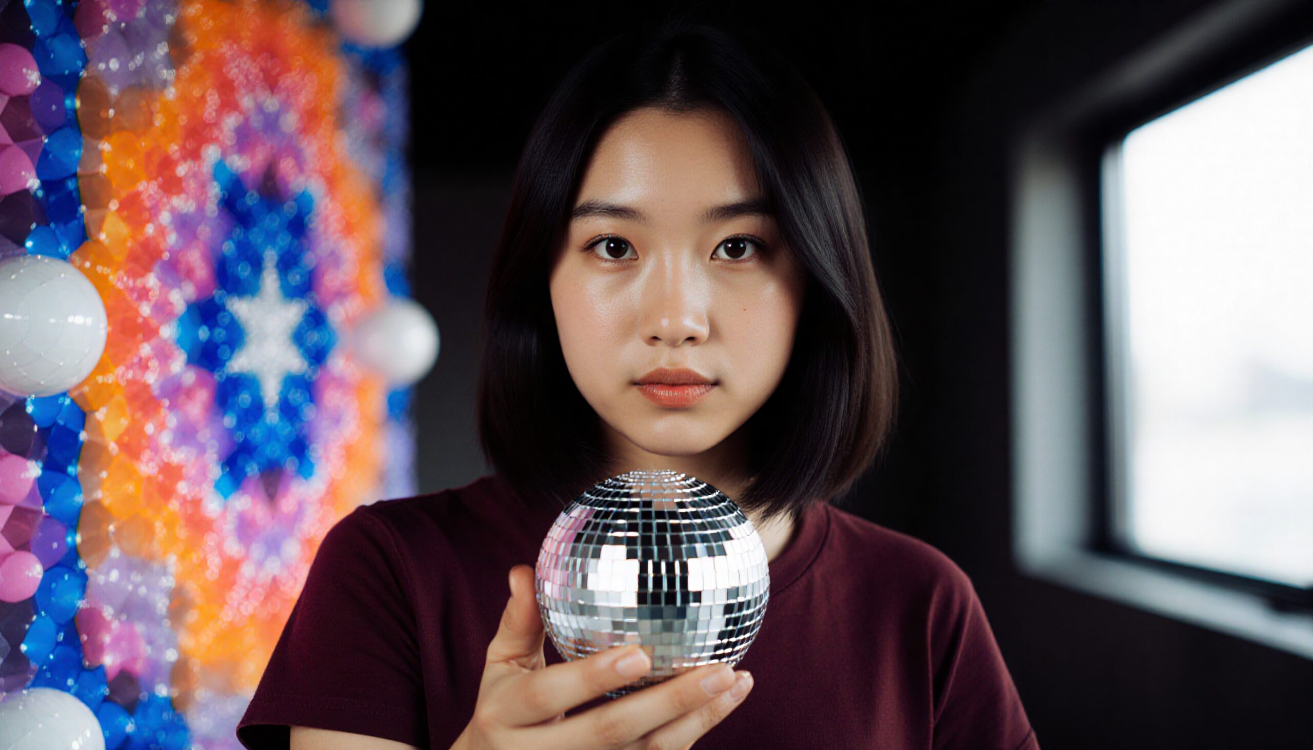 A young woman holding a disco ball against a vibrant mosaic background.