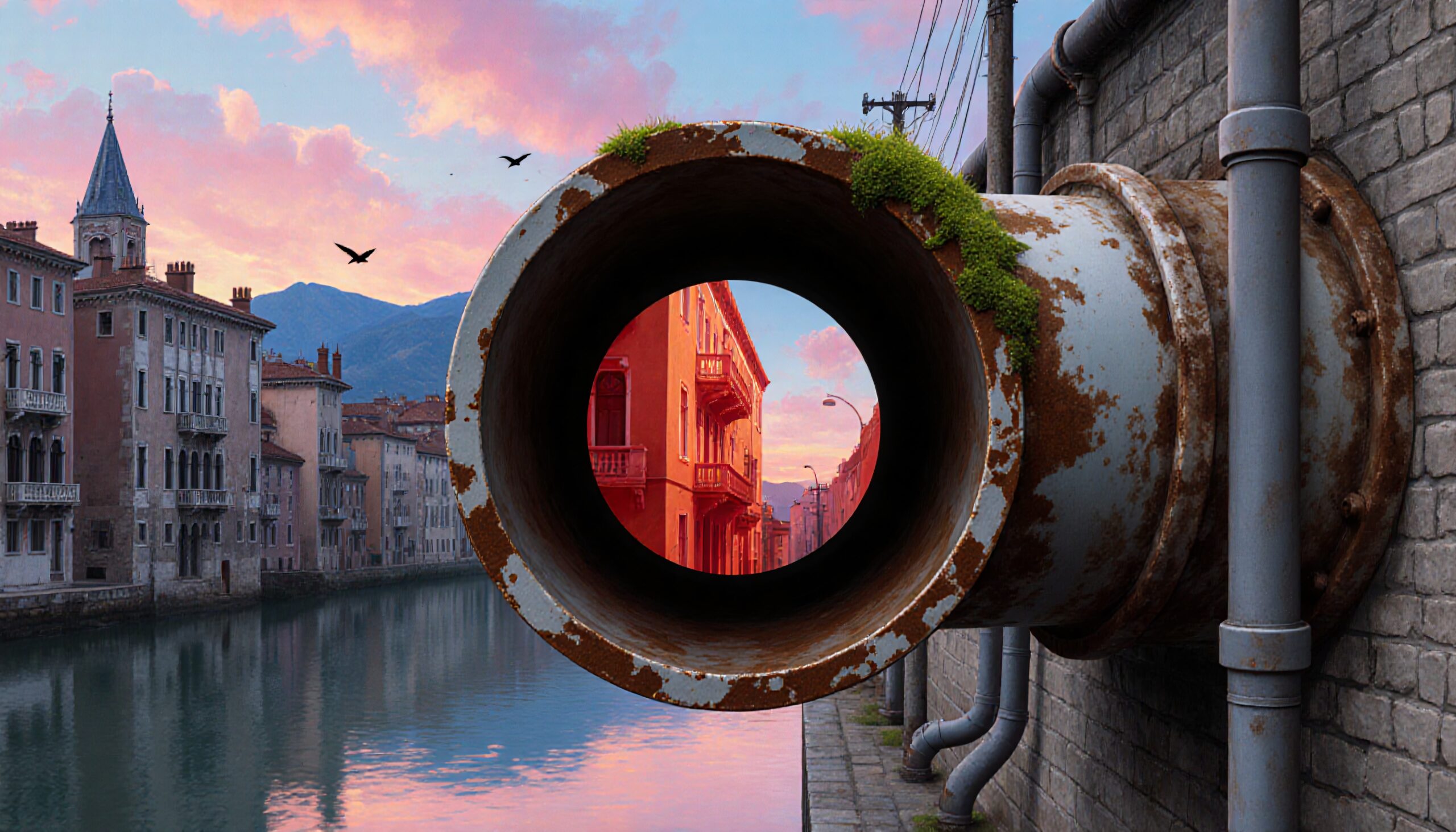 Rusted pipe frames vibrant cityscape with colorful sky.
