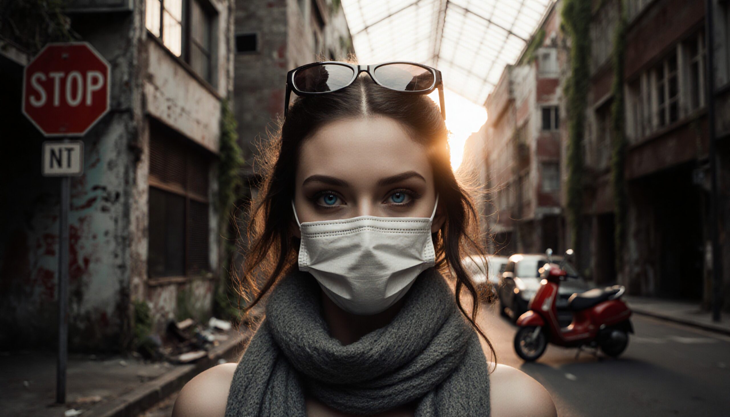 A woman in a mask stands in an ivy-clad urban alley at sunset.