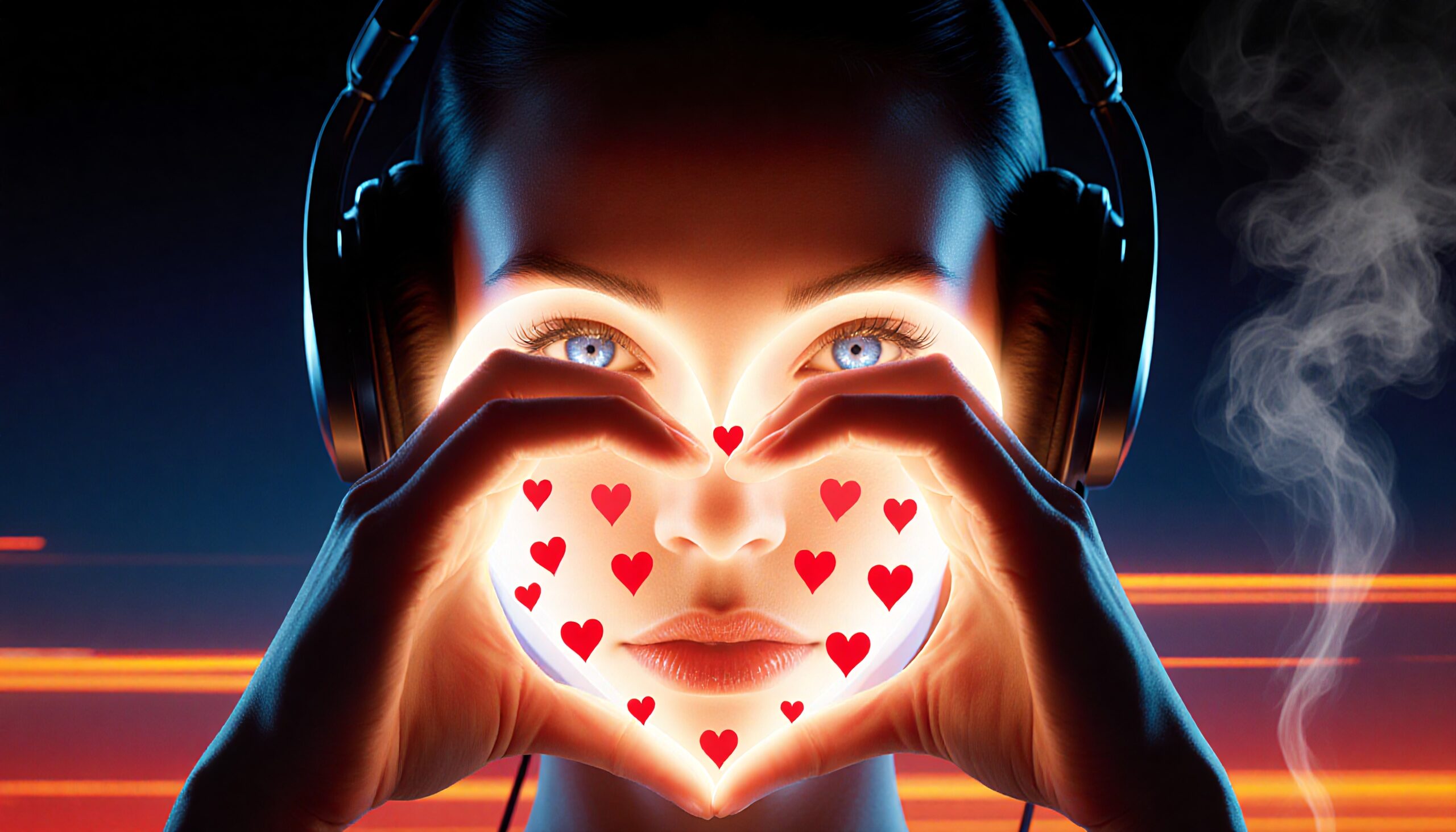 A woman wearing headphones forms a heart shape with her hands, surrounded by glowing red hearts.