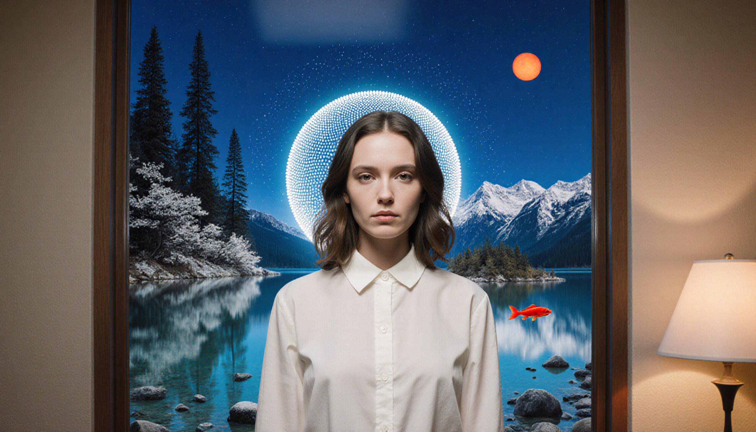 Surreal image of woman against cosmic landscape featuring stars, mountains, and a floating goldfish.