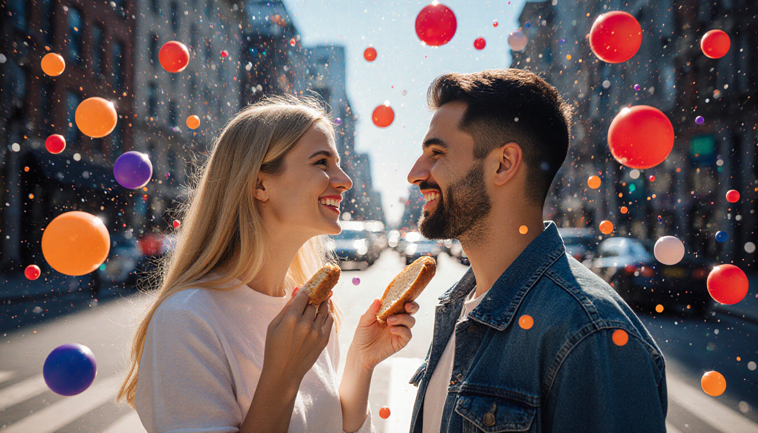 A couple smiles with sandwiches amid colorful spheres on a city street.