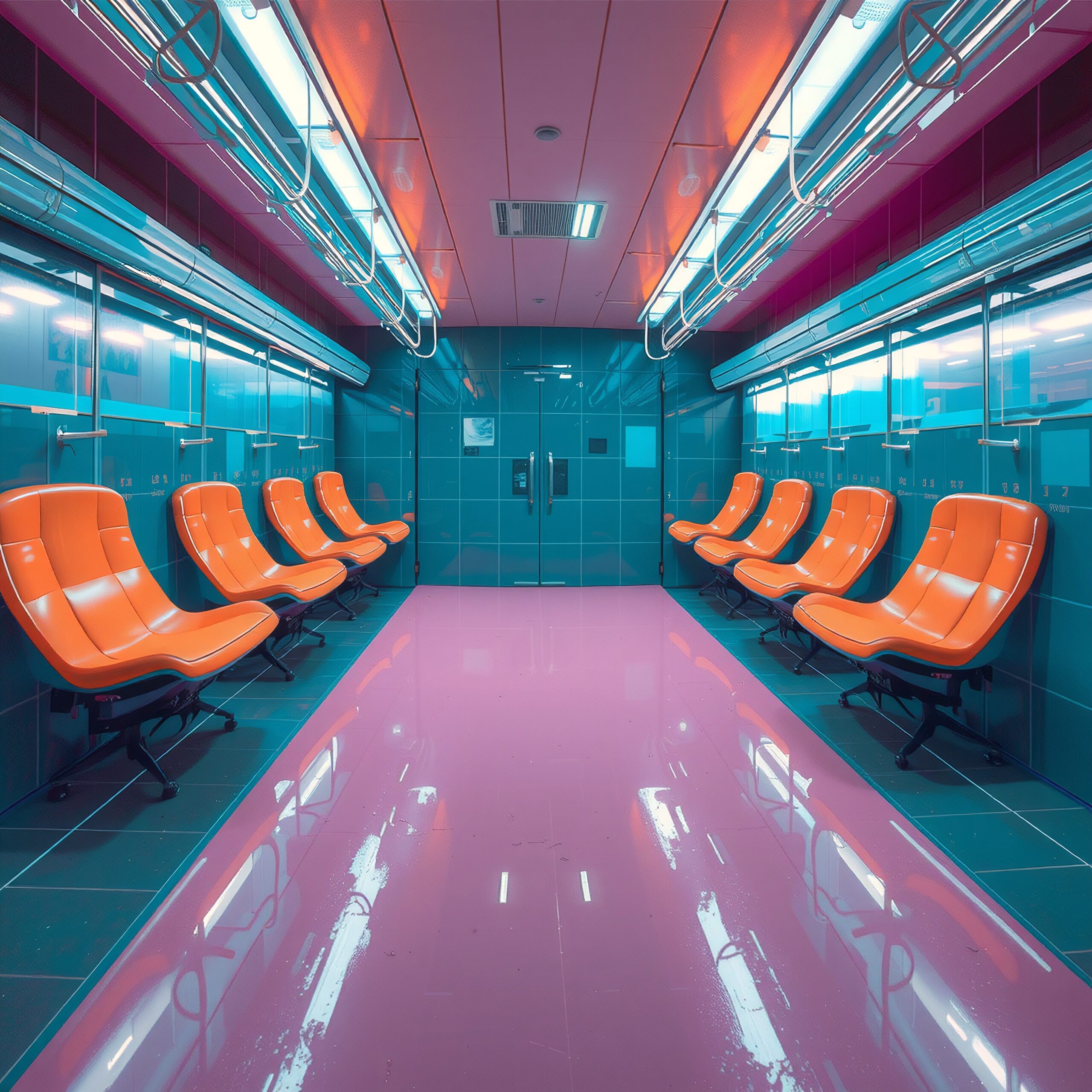 Futuristic interior with orange chairs and blue tiles.