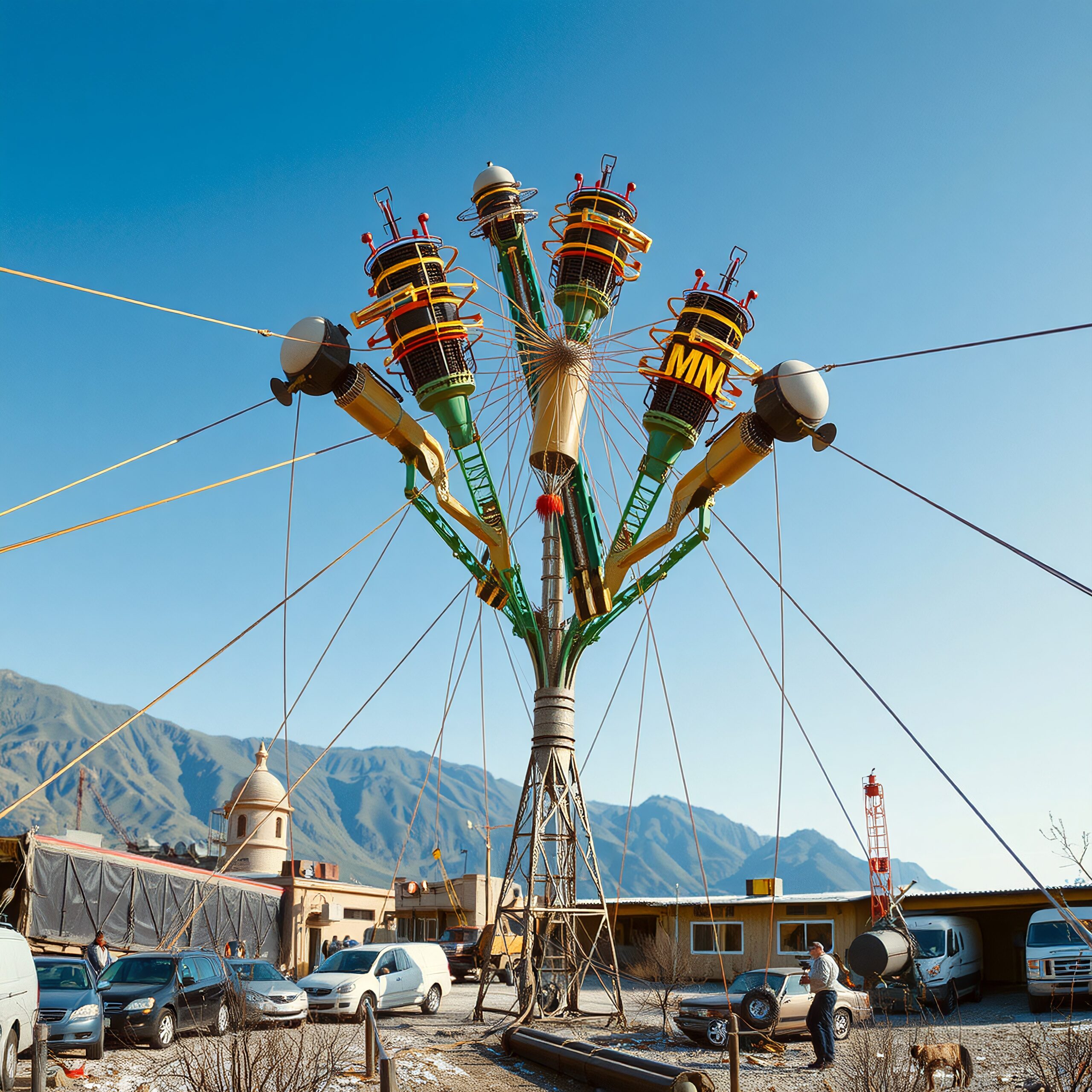 Futuristic amusement ride with vehicles parked, mountains backdrop.