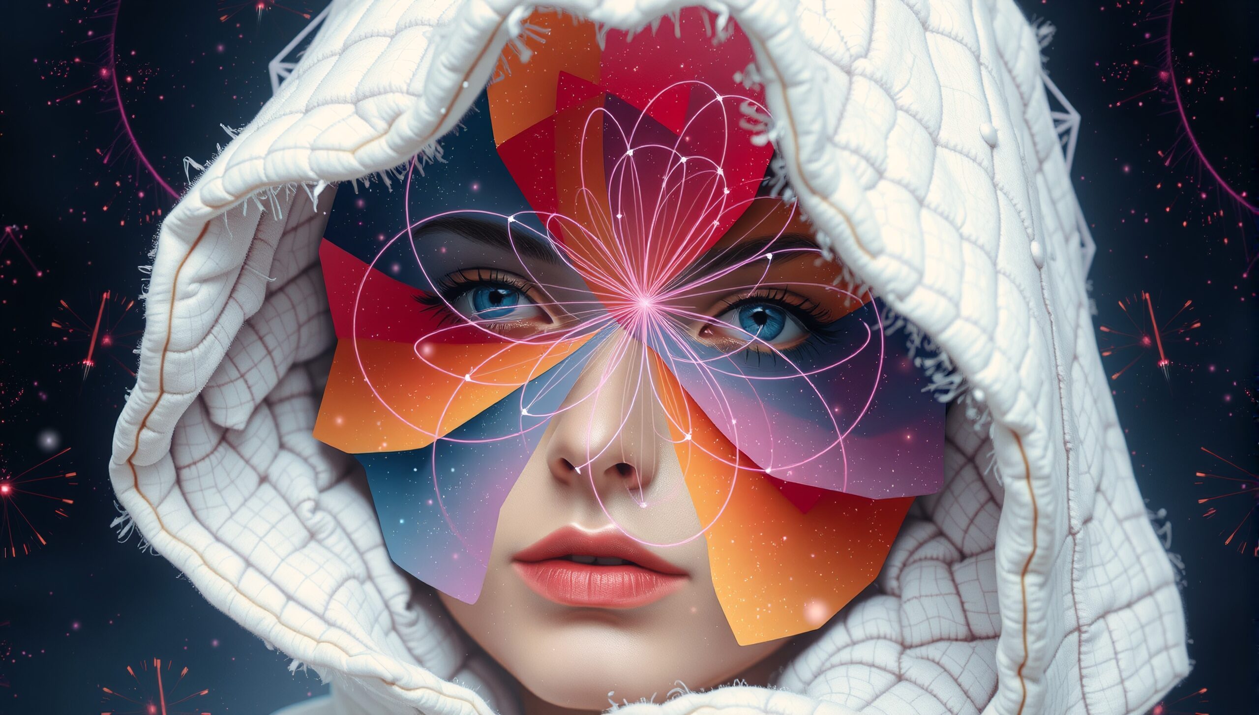 A person in a hood with vibrant geometric shapes and bright blue eyes.