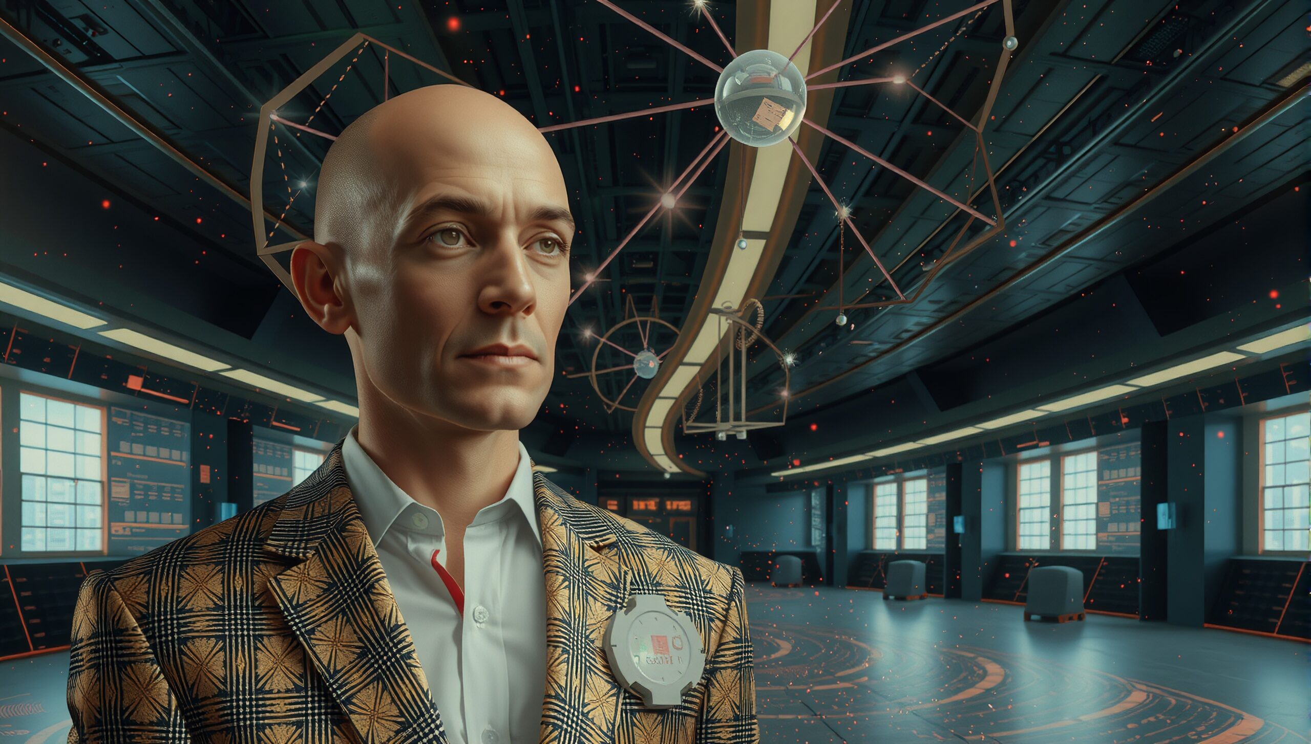 A man in a high-tech control room with futuristic elements and digital displays, exuding authority and sophistication.