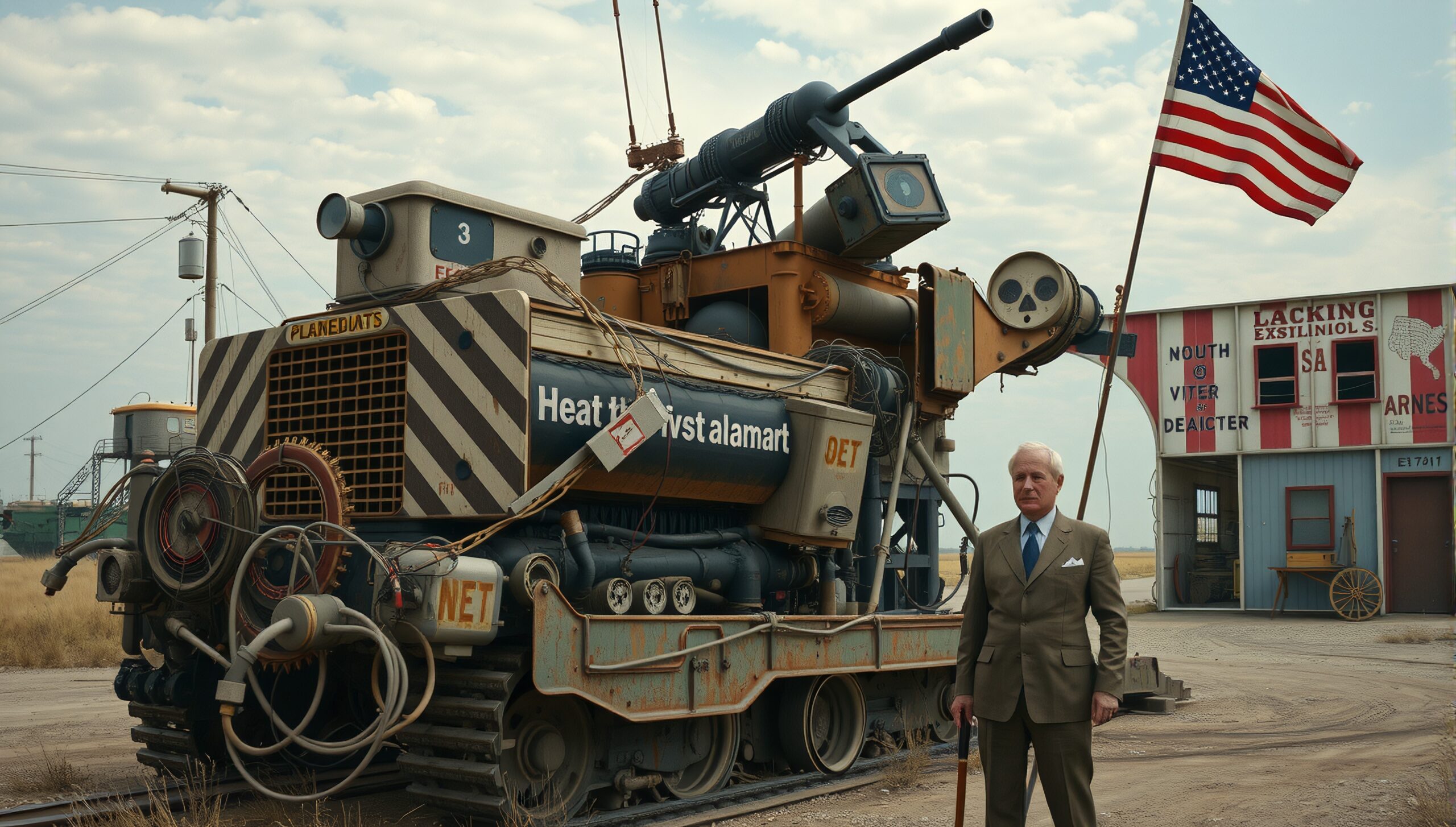 A large industrial machine with an American flag and a man in a suit standing beside it in a rural setting.