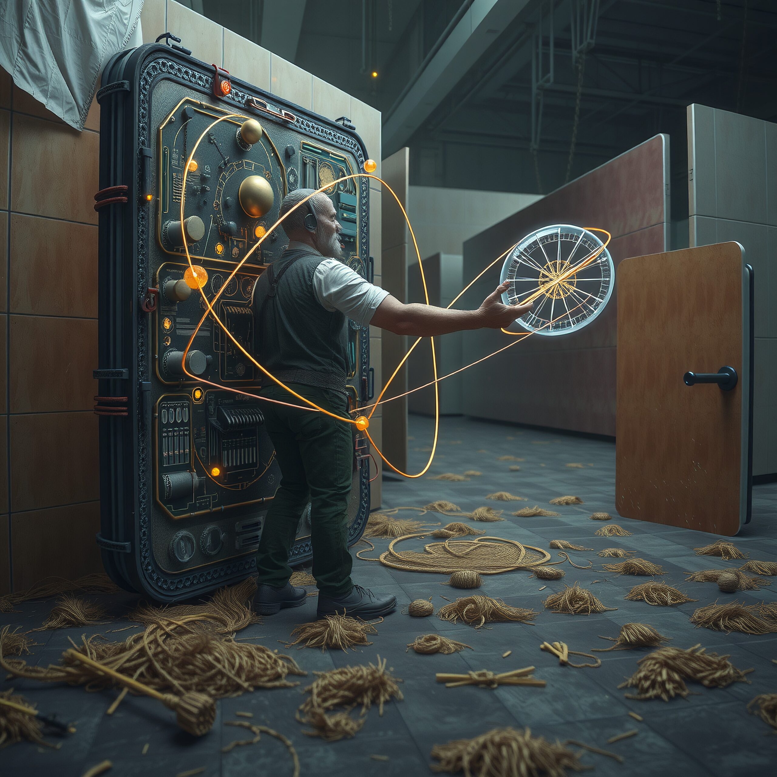 A man stands in a futuristic laboratory, manipulating a glowing, complex machine with scattered ropes enhancing the enigmatic atmosphere.