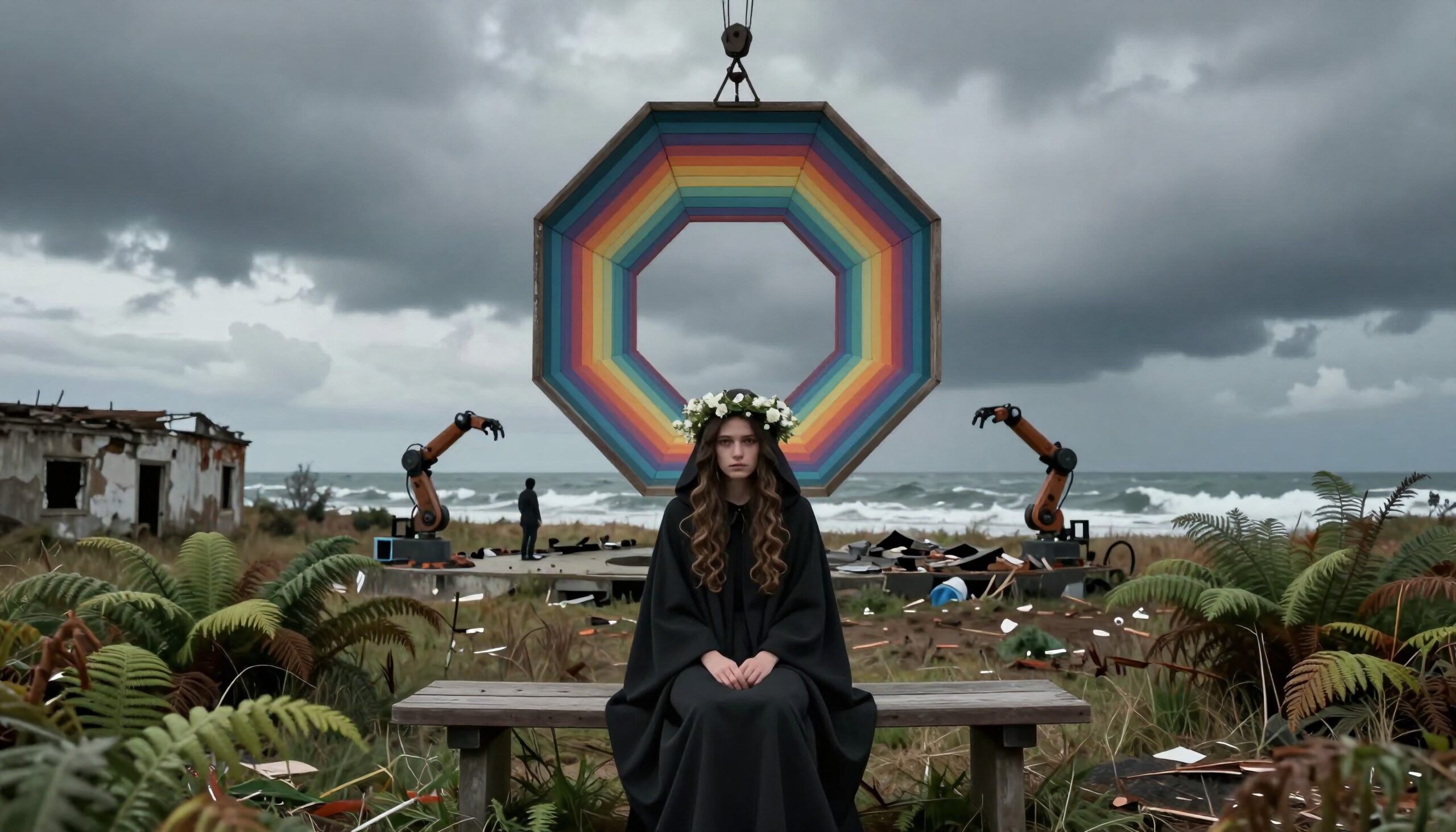 A woman in a cloak sits among contrasting elements of nature and technology, featuring colorful art and robotic arms on a seaside backdrop.