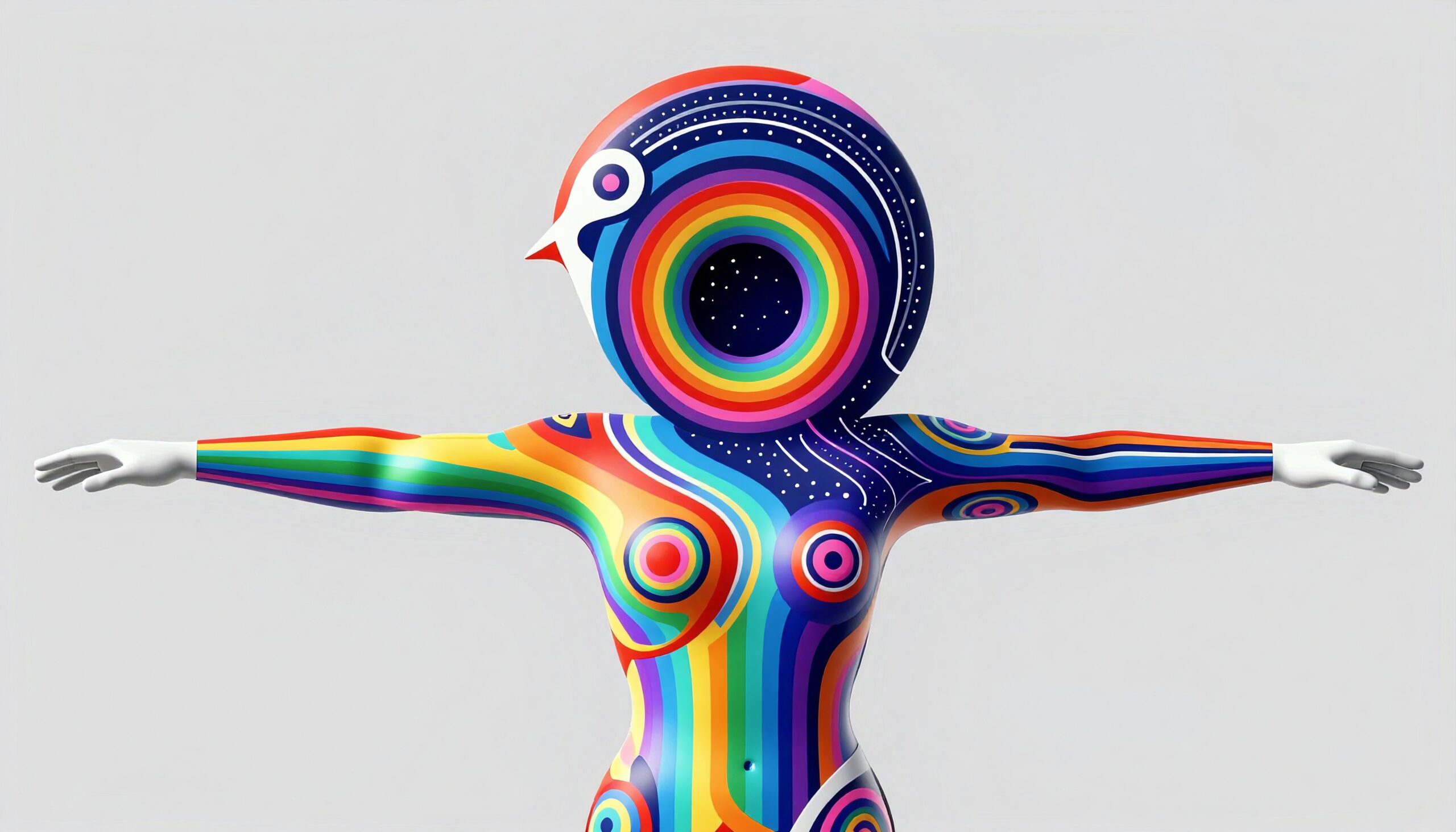 A colorful, psychedelic figure with rainbow patterns and cosmic elements.