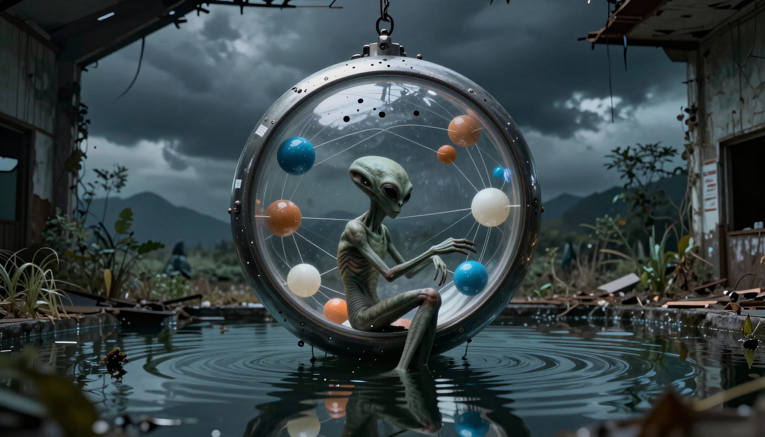A mysterious alien in a suspended sphere over water, surrounded by nature.
