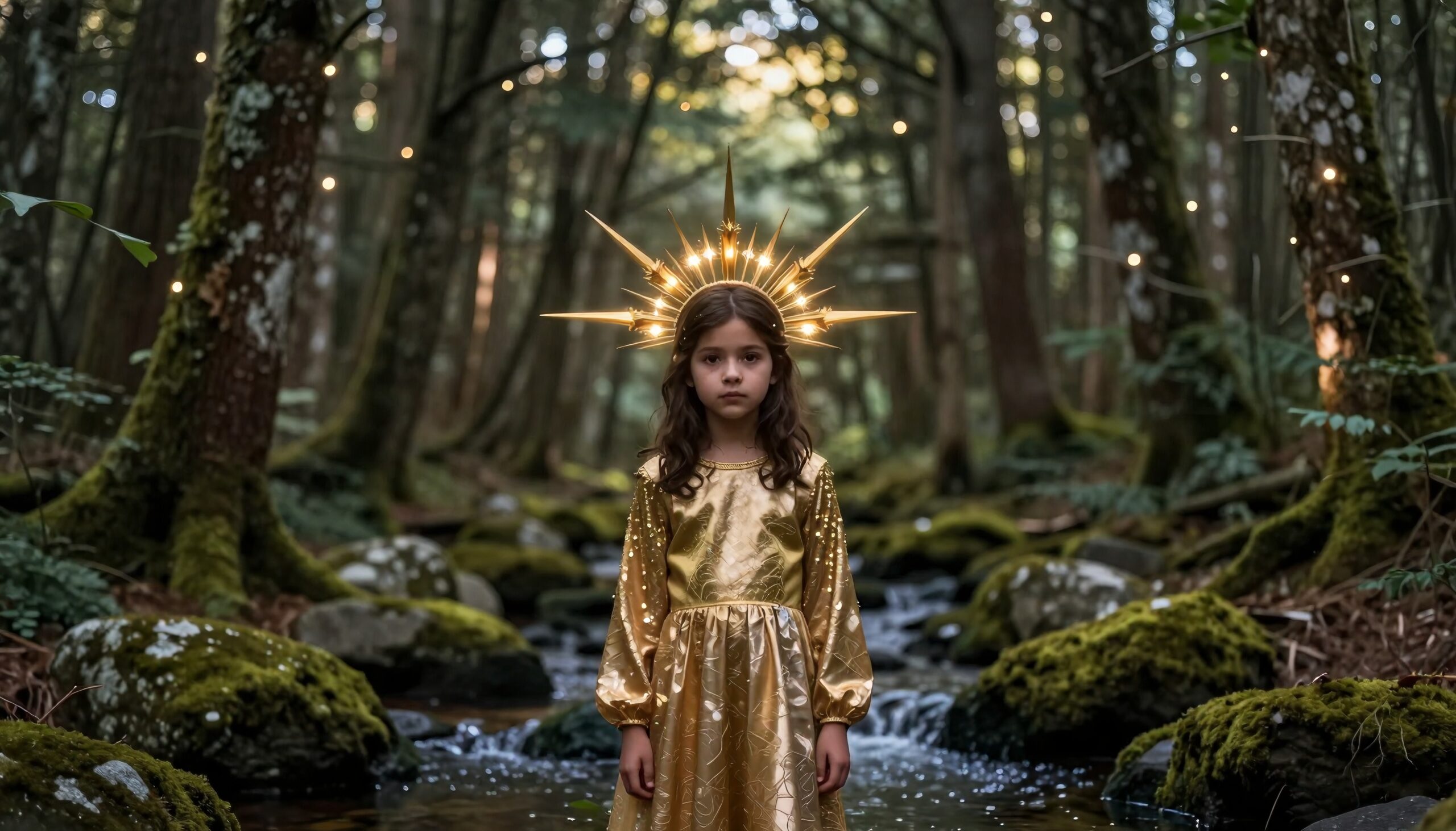 A young girl in a glowing crown stands in a tranquil forest wearing a golden gown, surrounded by moss and trees.