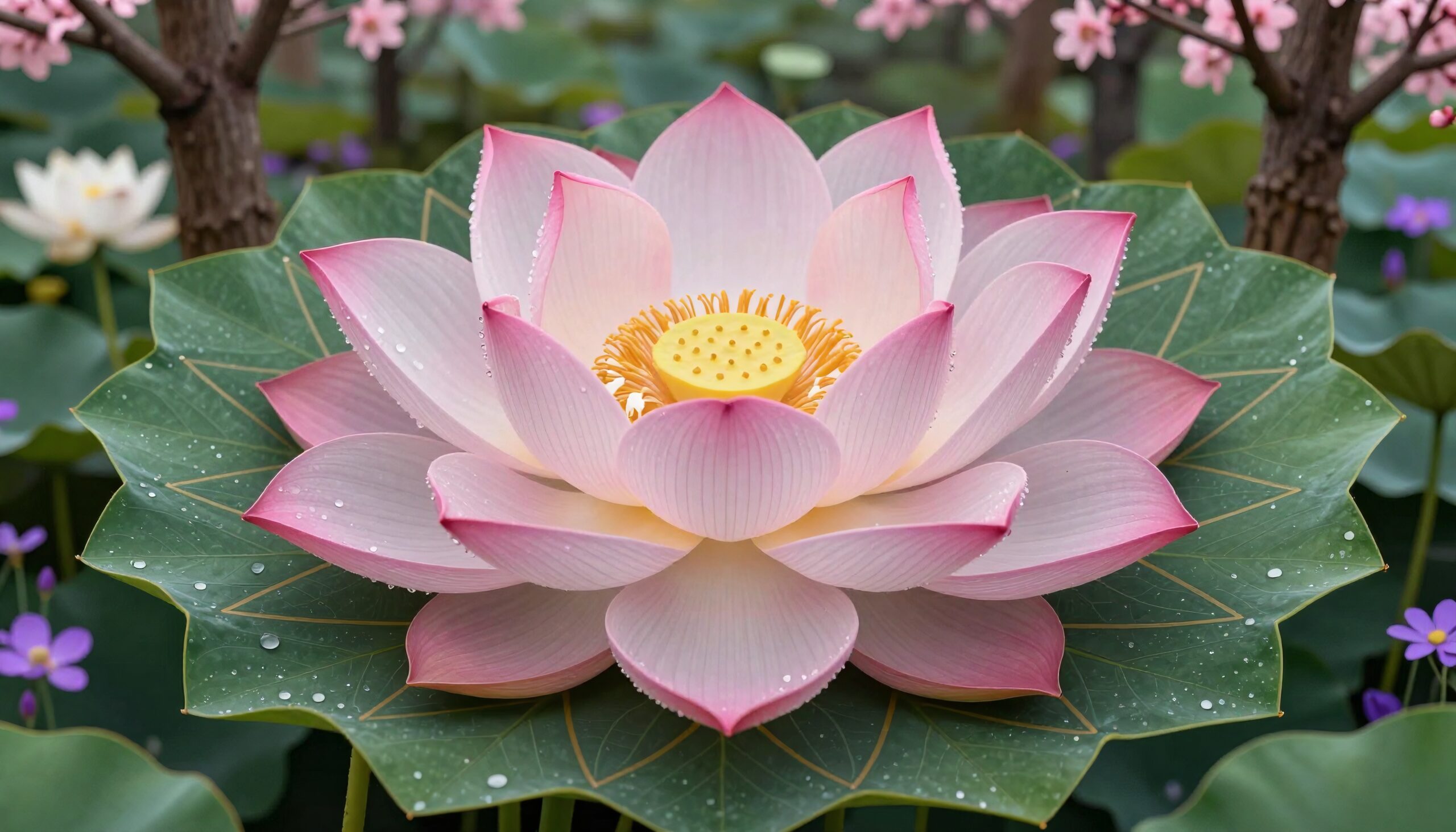 A blooming pink lotus flower with dew.