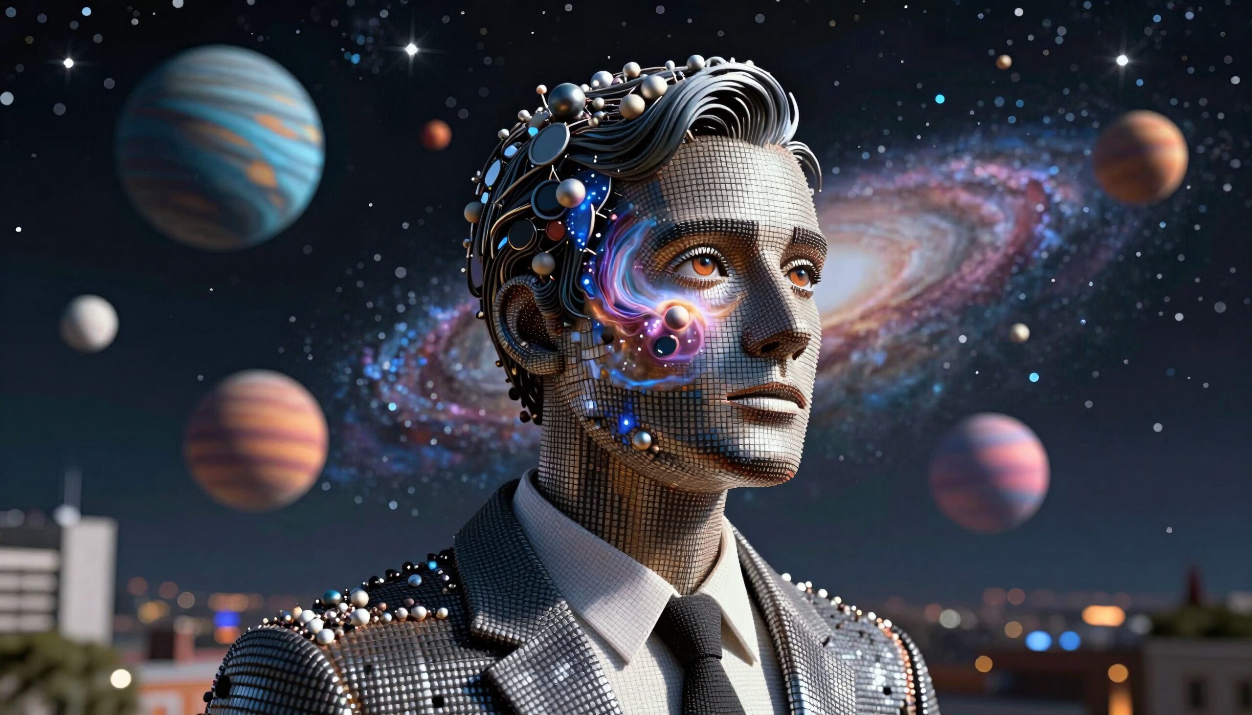 A futuristic humanoid figure with metallic design gazes into the cosmos, highlighting the blend of technology and space.